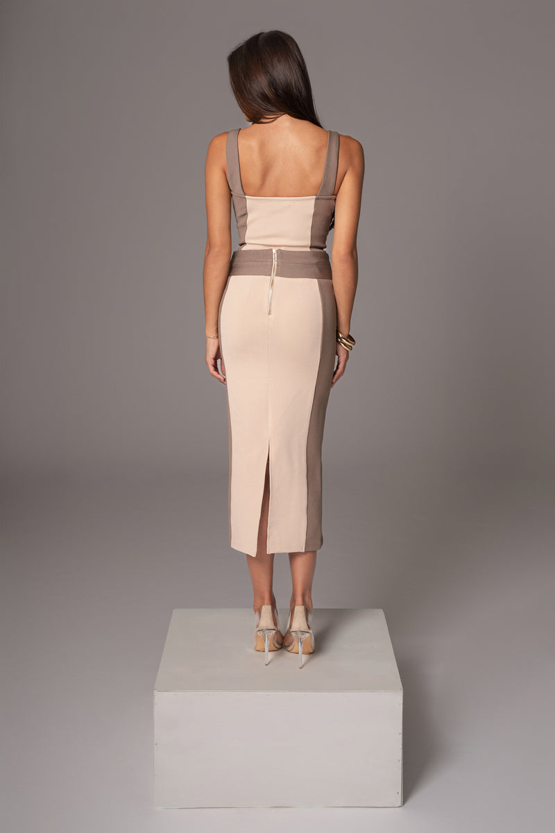 Jupe midi colorblock taupe/tan de célébration