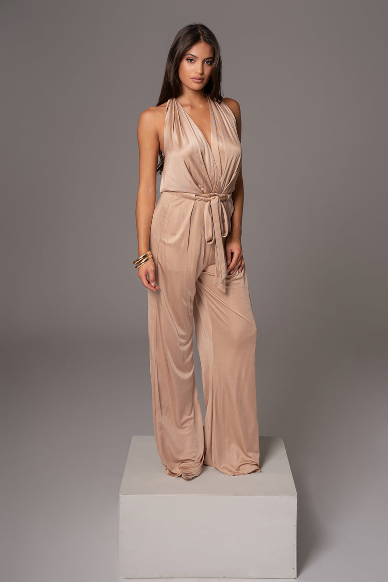 Beige Slinky Halter Belted Jumpsuit