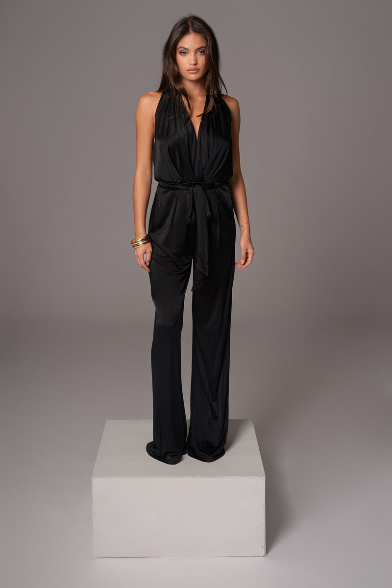 Black Slinky Halter Belted Jumpsuit