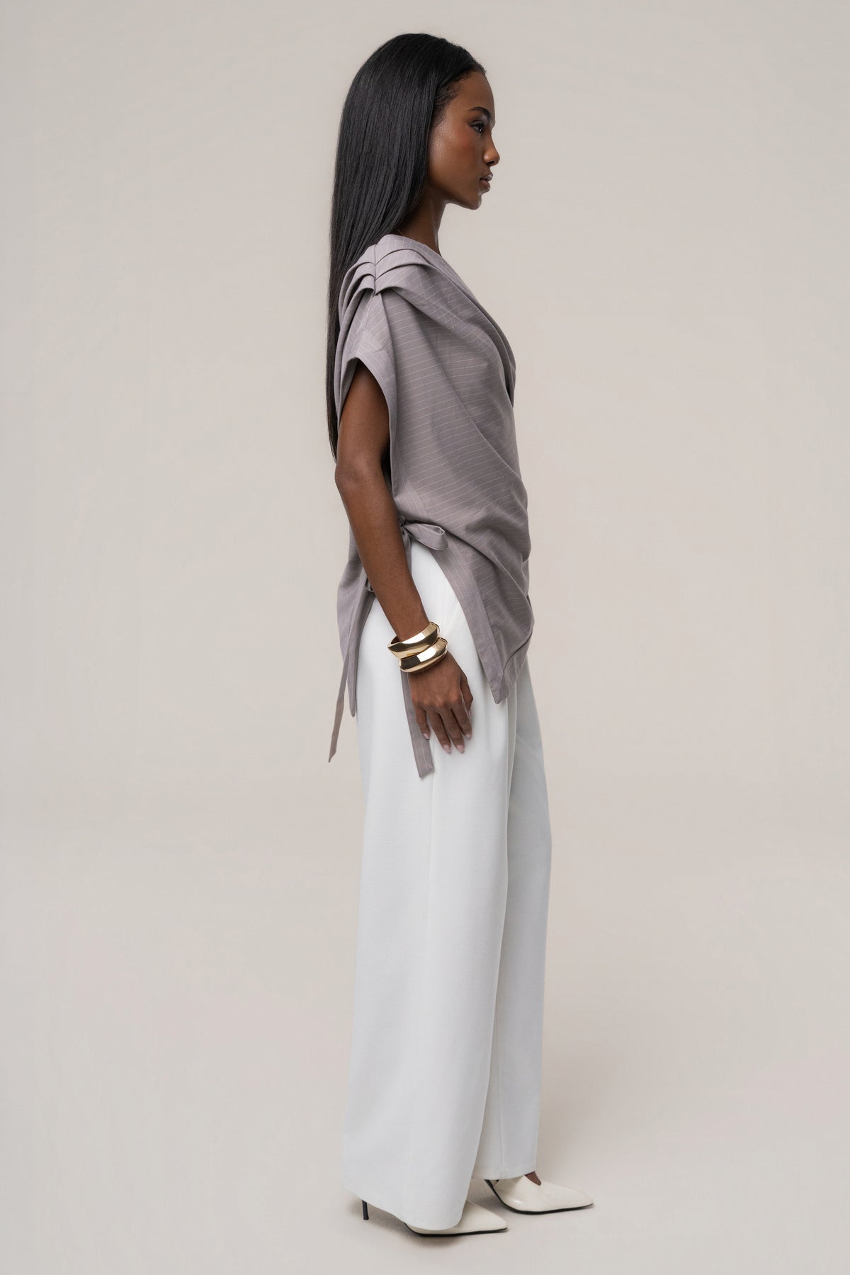 Taupe In Session Pinstripe Top - JLUXLABEL