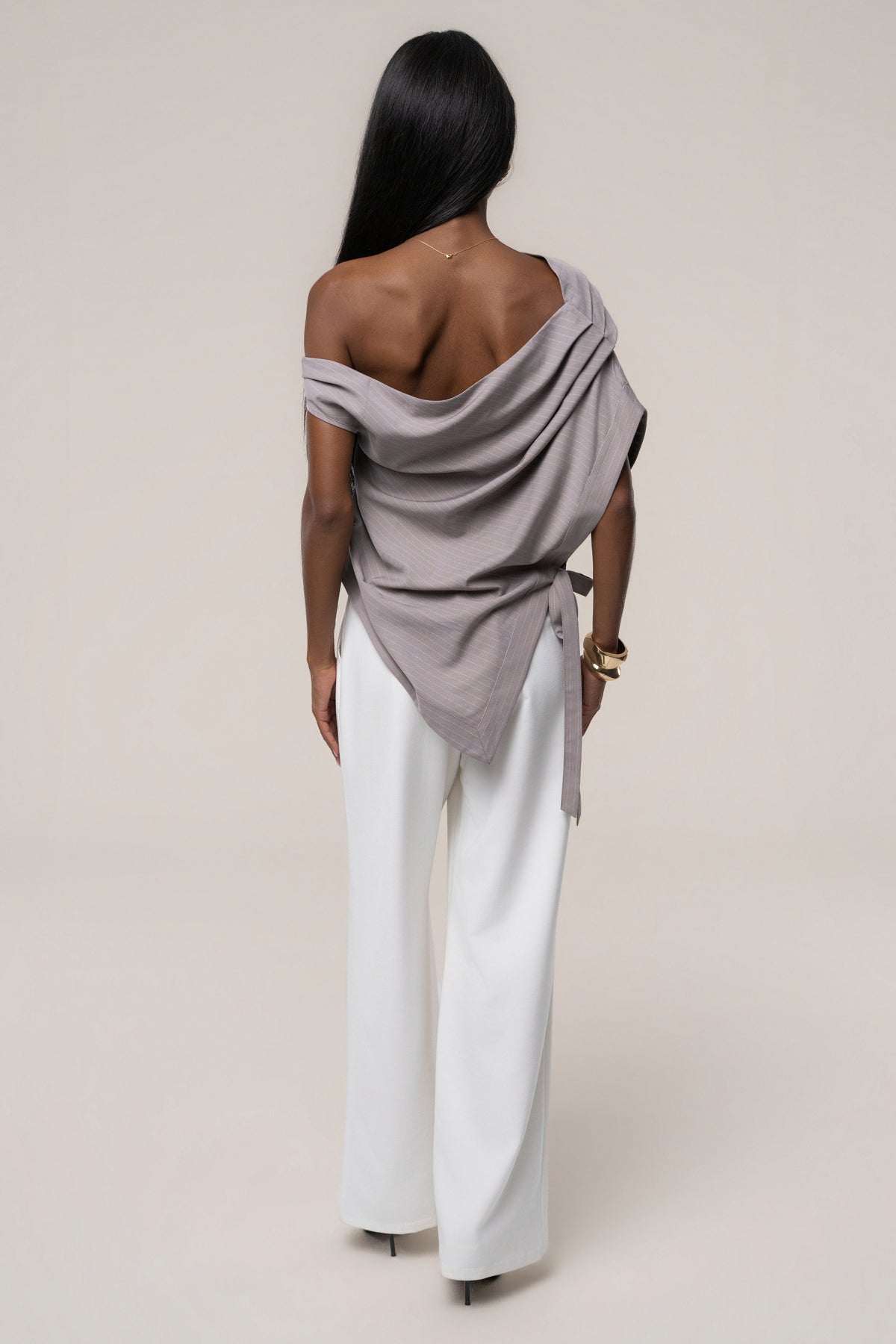 Taupe In Session Pinstripe Top - JLUXLABEL