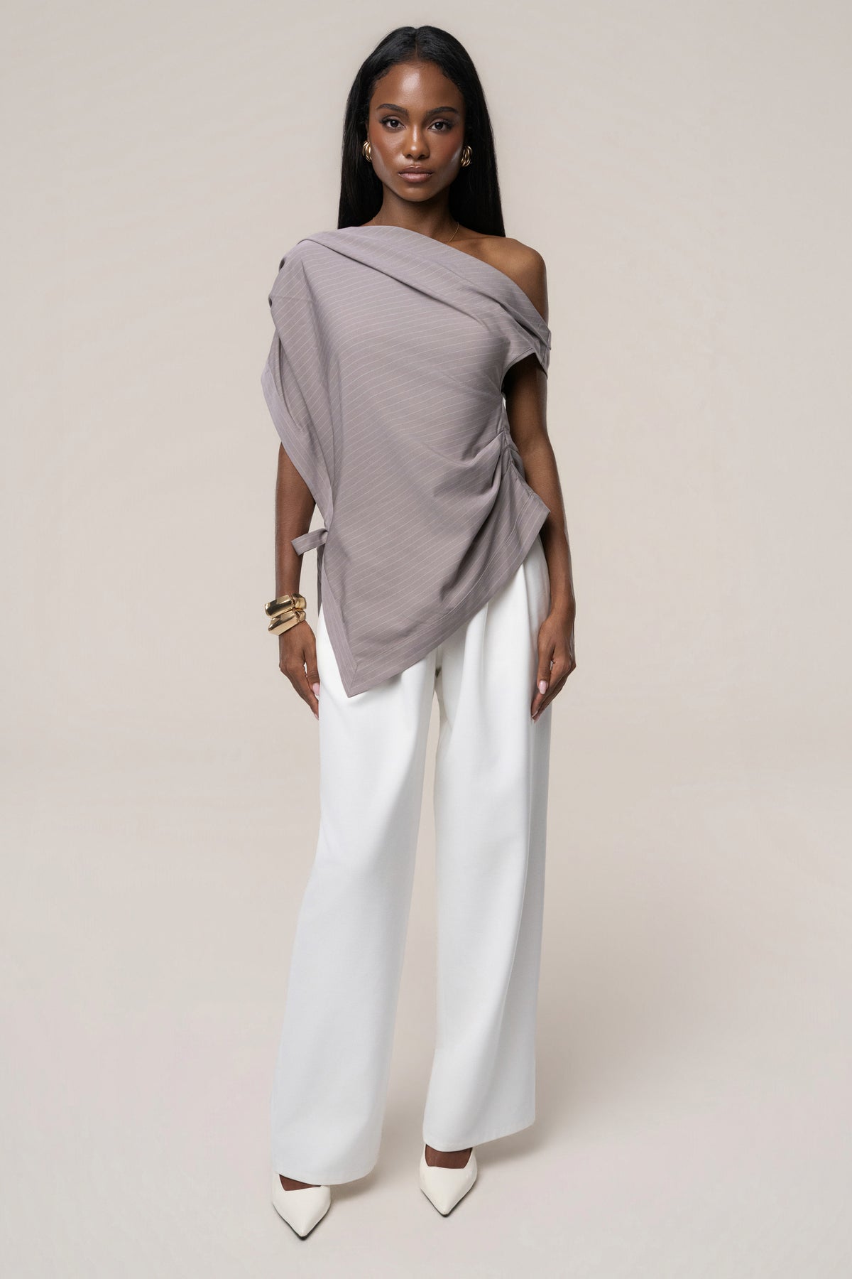 Taupe In Session Pinstripe Top - JLUXLABEL