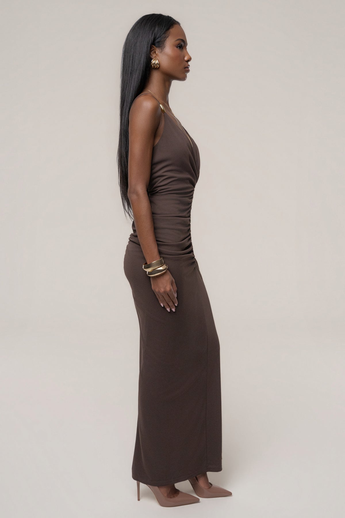 Brown Unforgettable Plunge Maxi Dress - JLUXLABEL