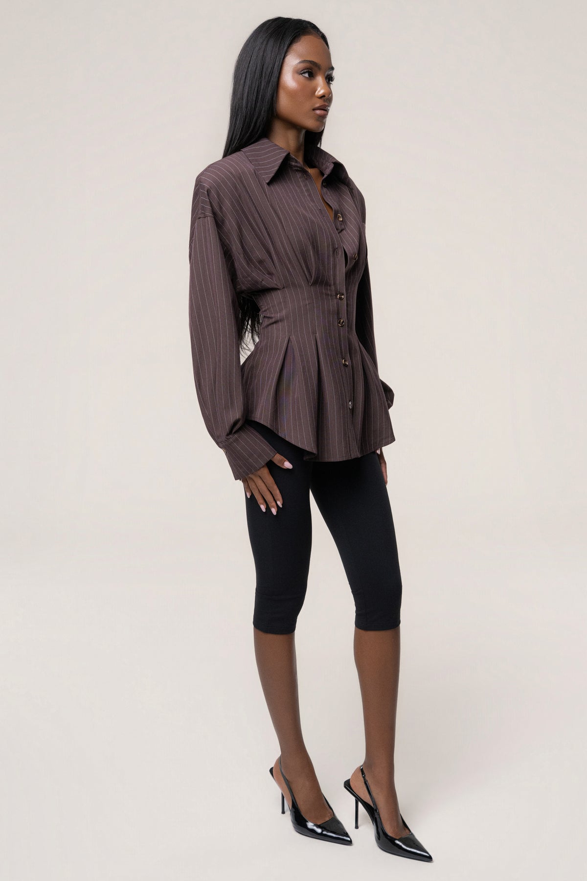 Chocolate Refined Lines Pinstripe Top - JLUXLABEL
