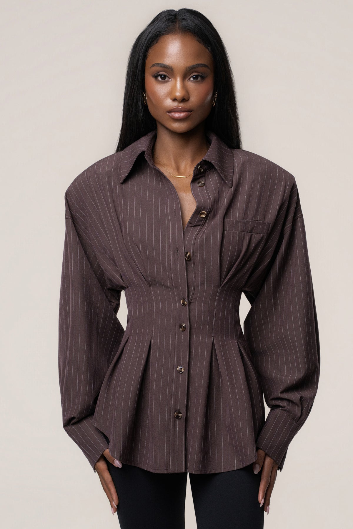 Chocolate Refined Lines Pinstripe Top - JLUXLABEL