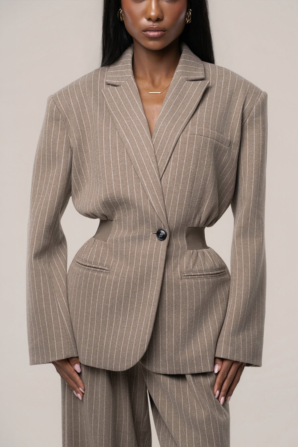 Taupe/Ivory Contour Pinstripe Blazer - JLUXLABEL