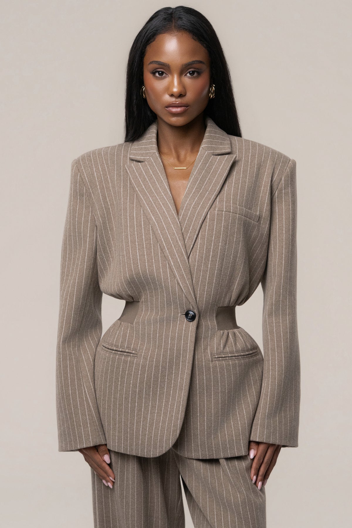 Taupe/Ivory Contour Pinstripe Blazer - JLUXLABEL
