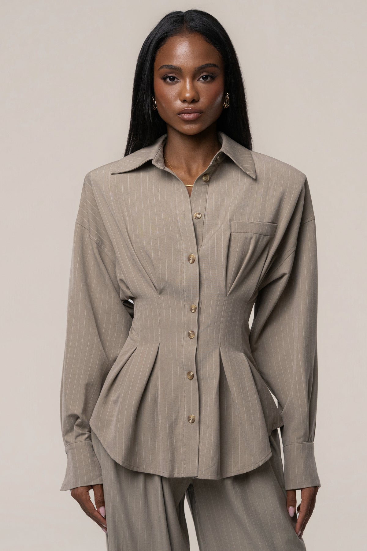 Beige Refined Lines Pinstripe Top - JLUXLABEL