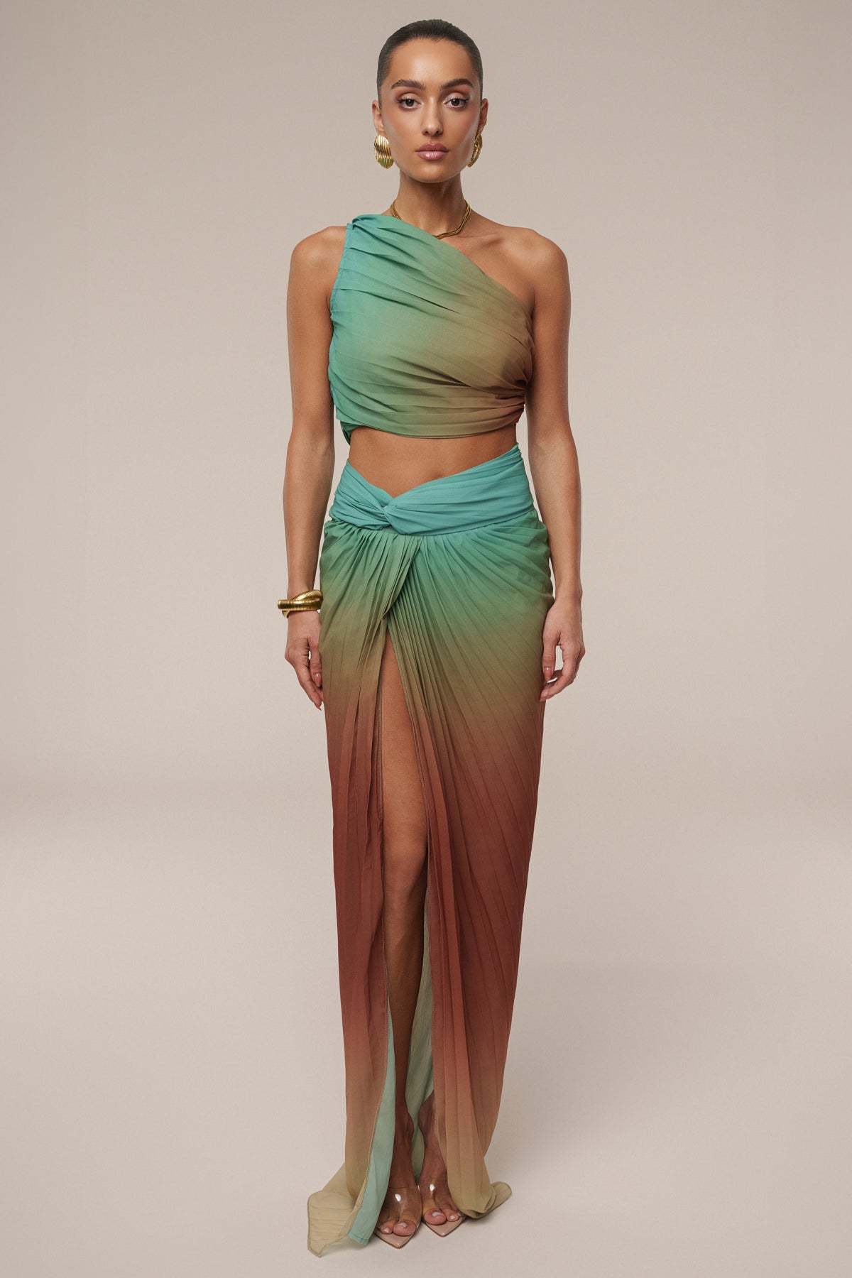 Mint Havana pleat skirt set by JLUXLABEL, featuring a stylish pleated skirt and matching top, perfect for a fashionable look.