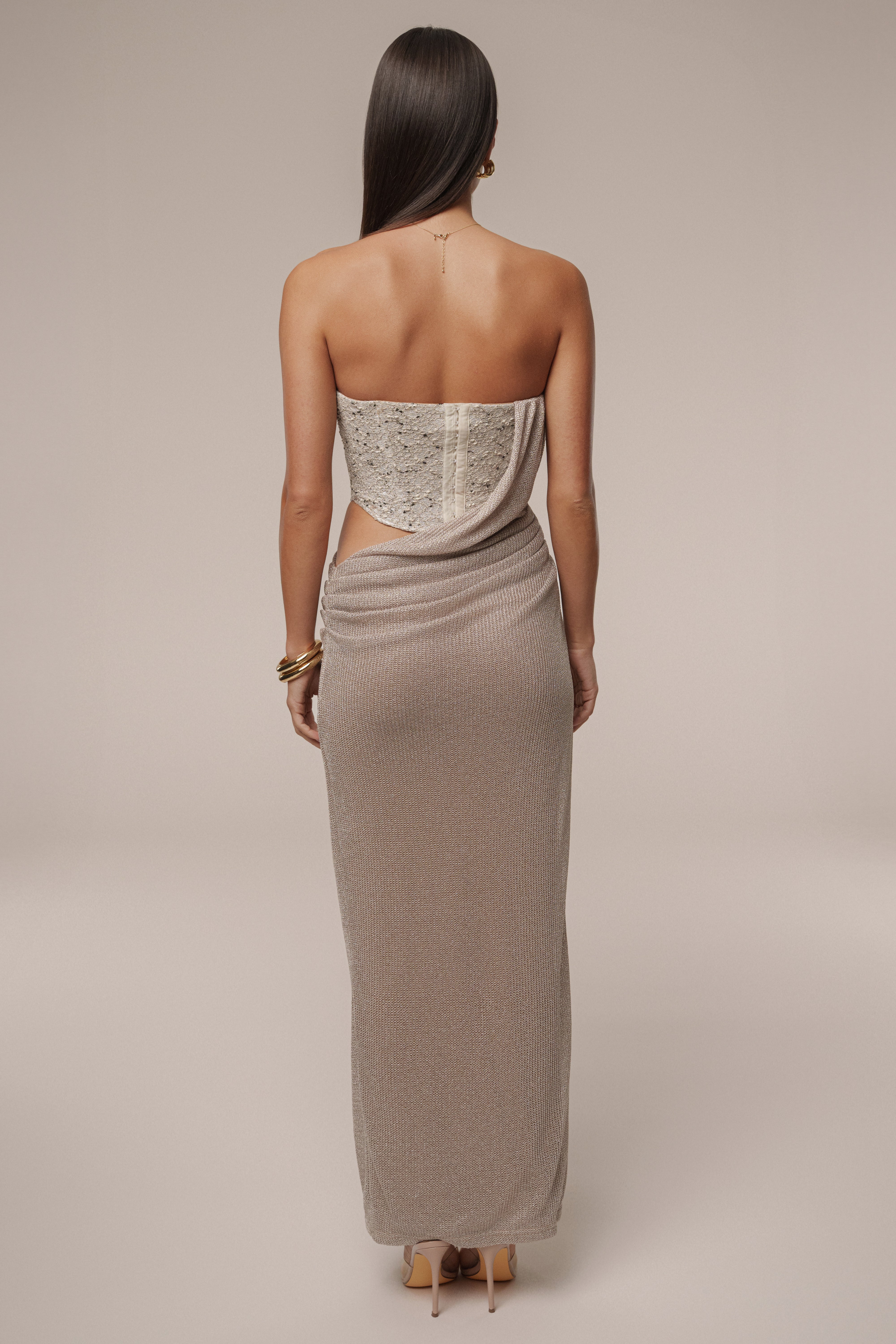 Beige Stellar Sequin Maxi Dress - JLUXLABEL