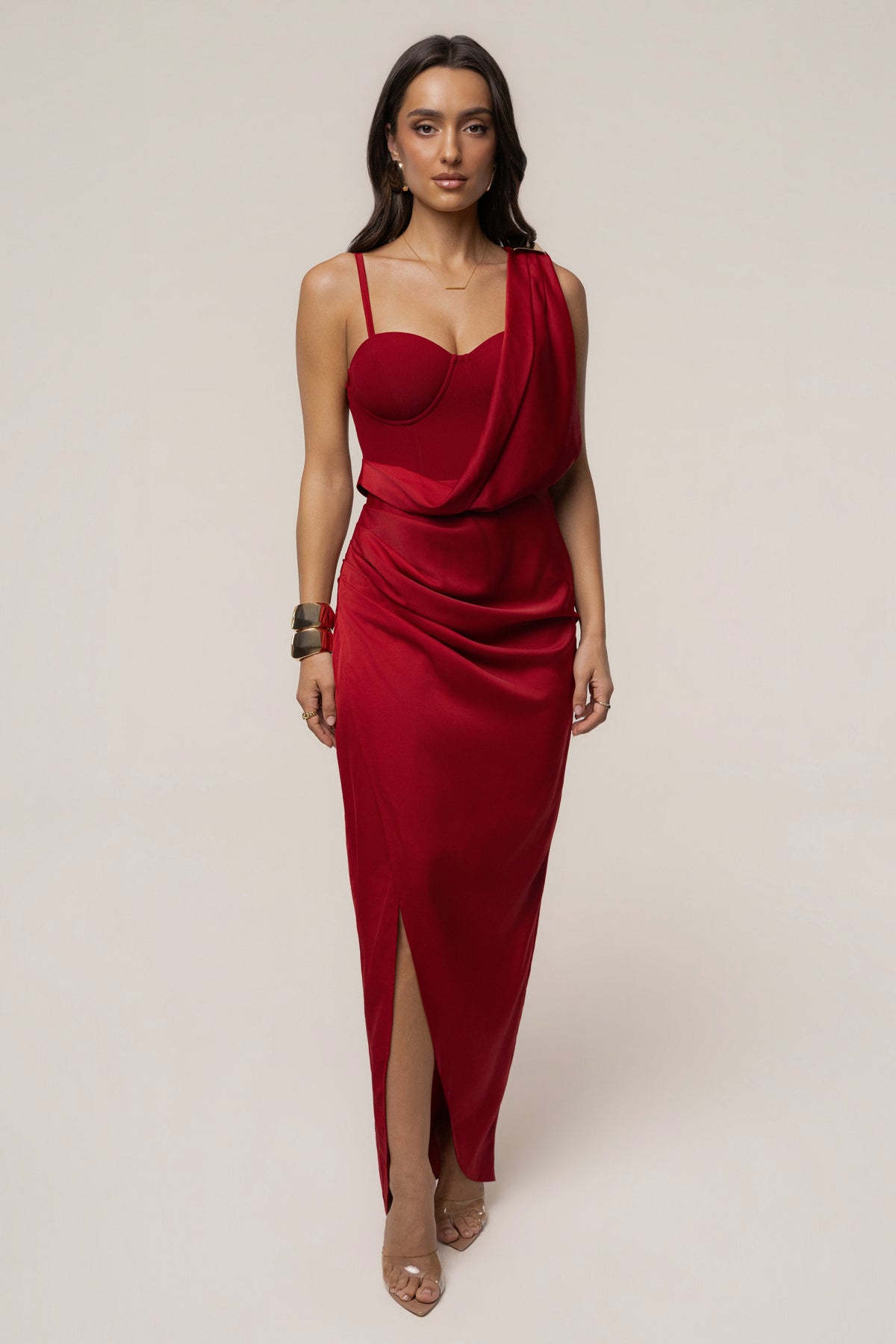 Red Draped Radiance Maxi Dress