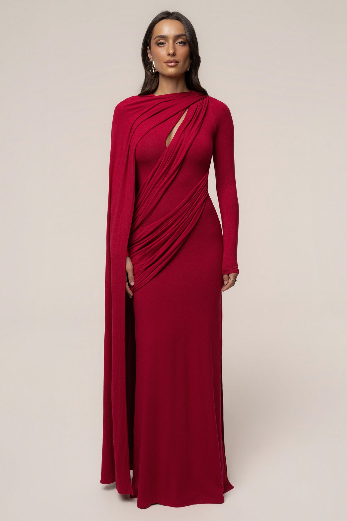 Red Draped Elegance Cape Dress