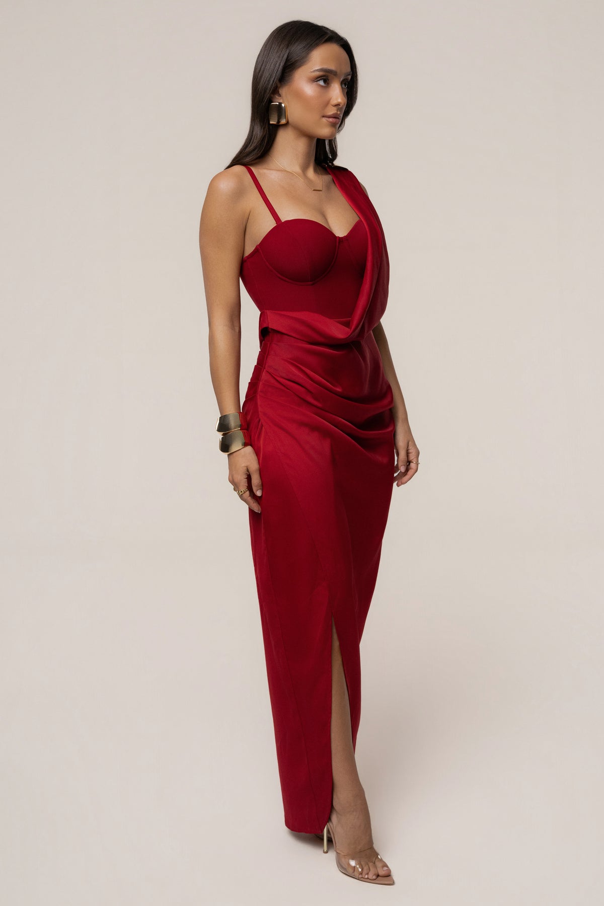 Red Draped Radiance Maxi Dress