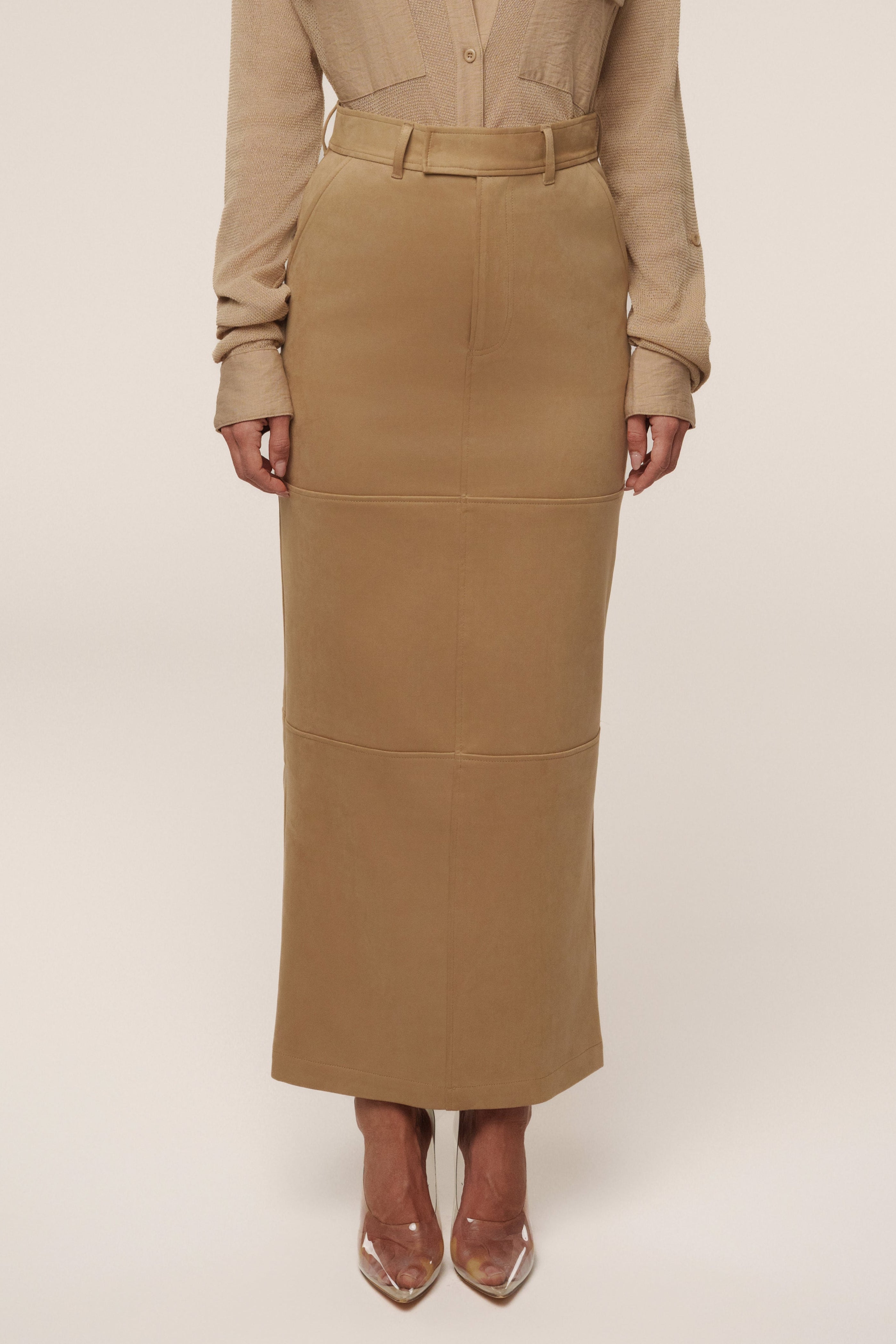 Beige Joy Suede Maxi Skirt - JLUXLABEL