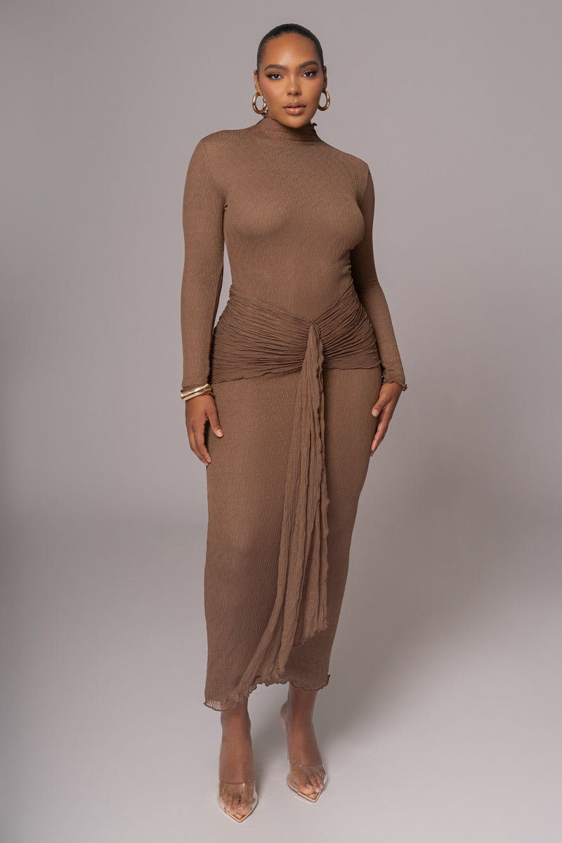 Chocolate Drape Mock Neck Dress