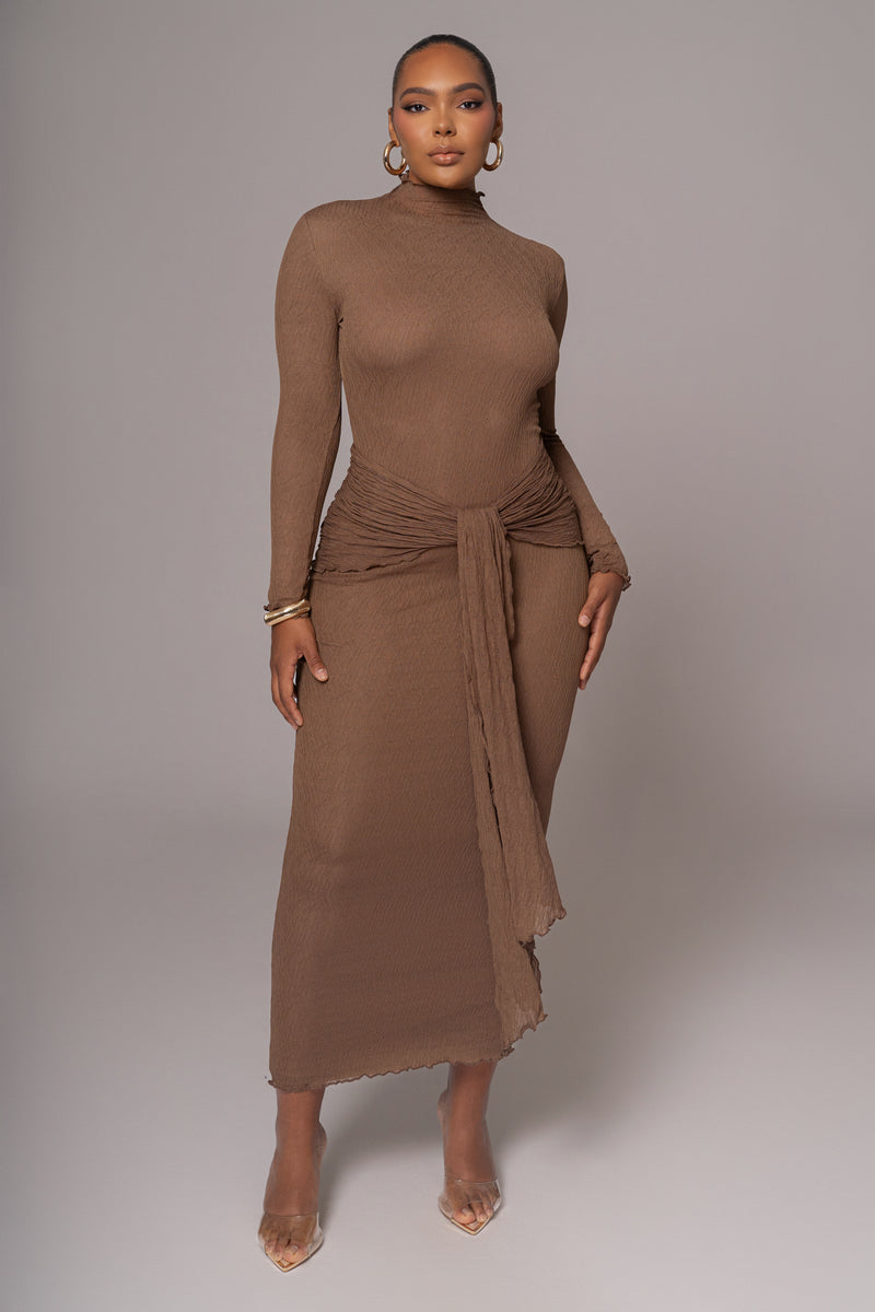 Chocolate Drape Mock Neck Dress