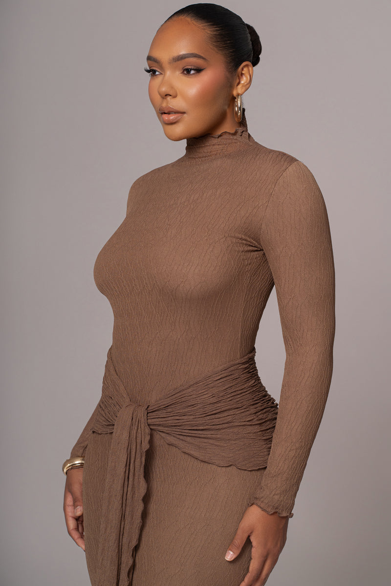 Chocolate Drape Mock Neck Dress