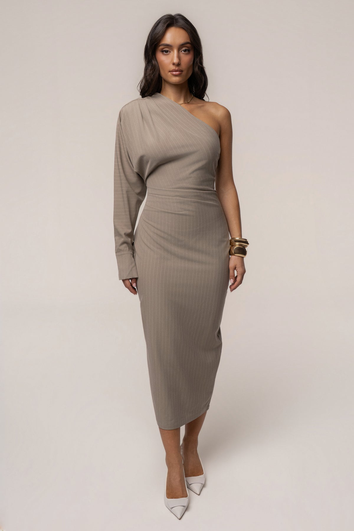 Beige Presence And Elegance Pinstripe Dress - JLUXLABEL