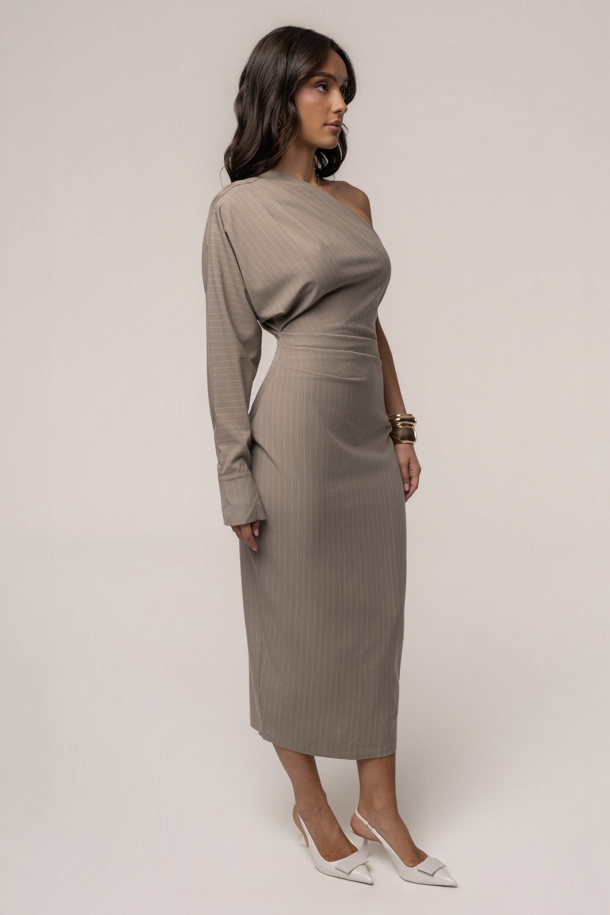 Beige Presence And Elegance Pinstripe Dress - JLUXLABEL