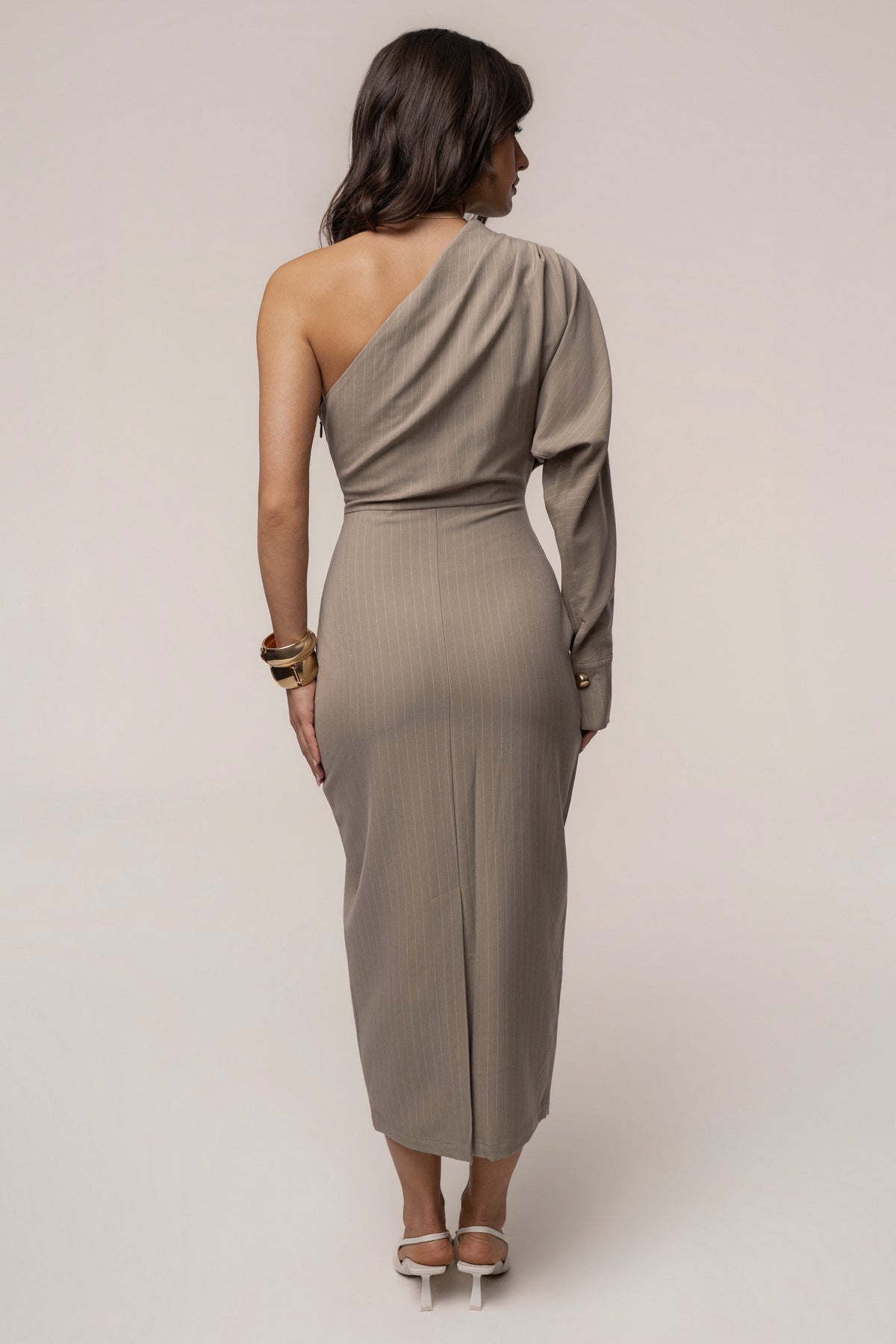 Beige Presence And Elegance Pinstripe Dress - JLUXLABEL