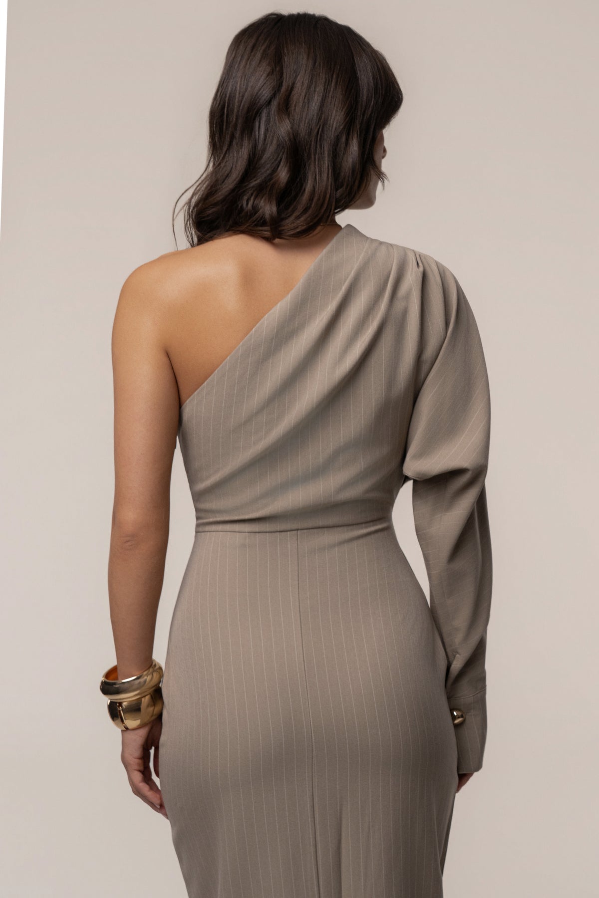Beige Presence And Elegance Pinstripe Dress - JLUXLABEL