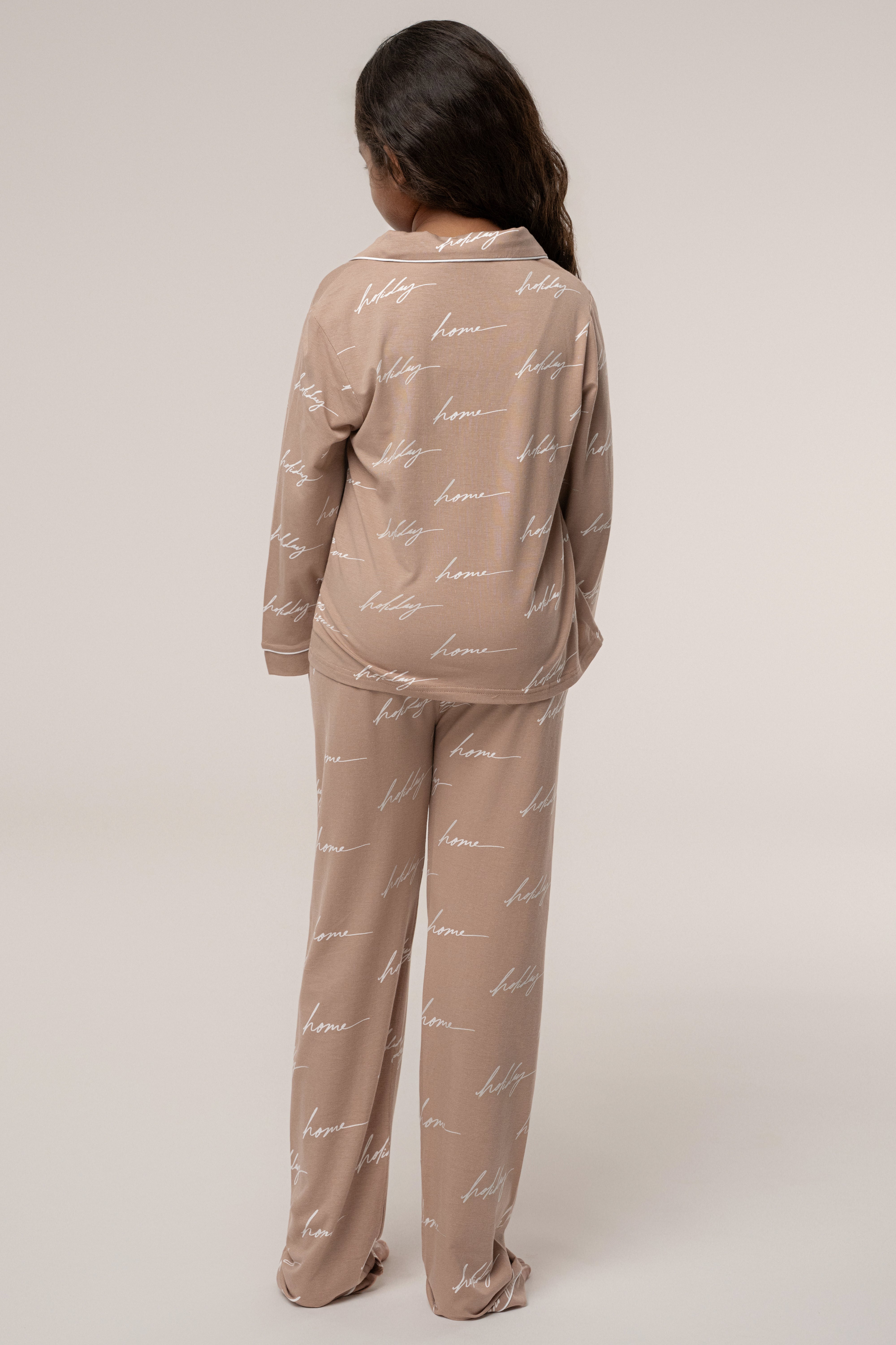 Beige Home For The Holidays Kids Pajama Set - JLUXLABEL