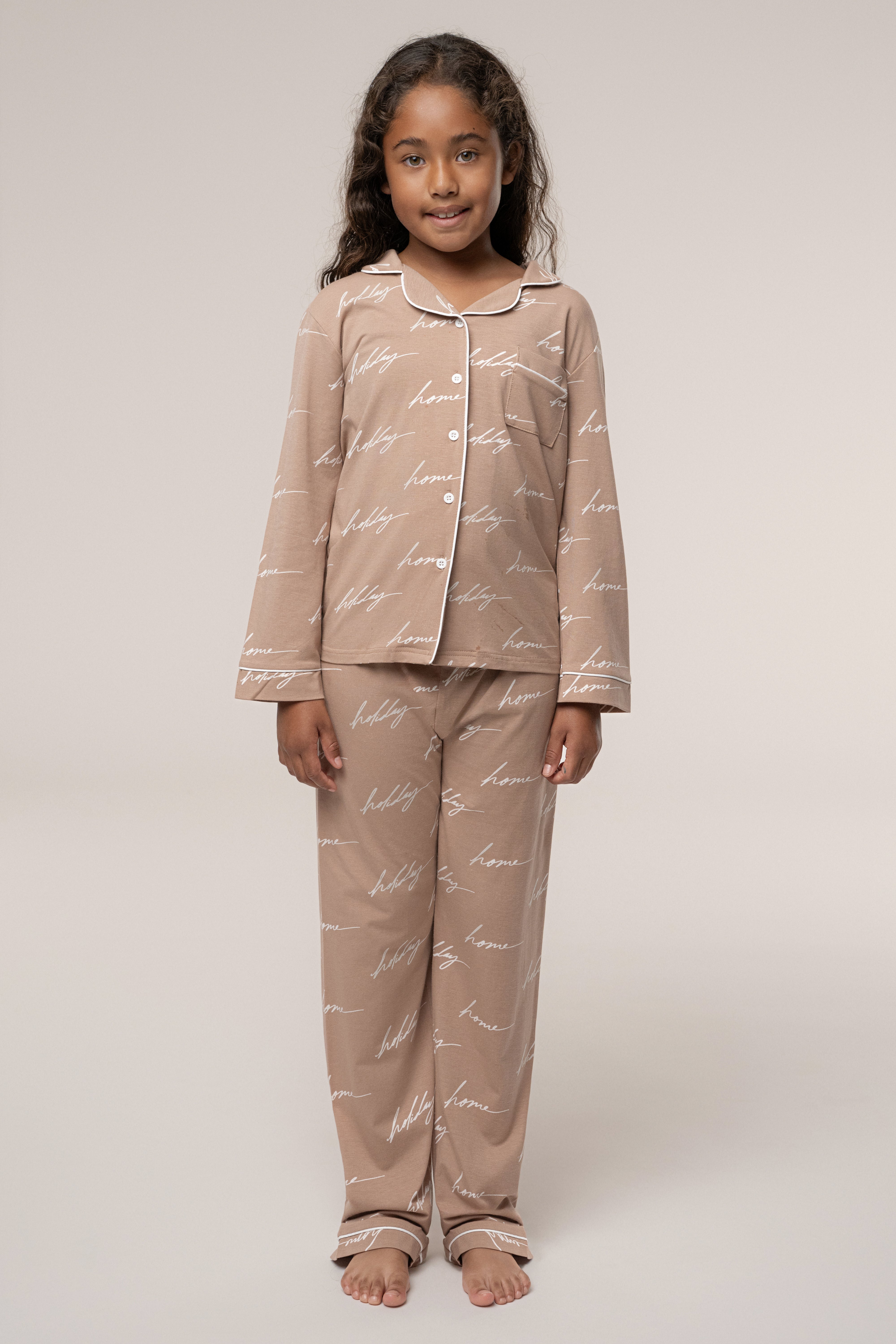 Beige Home For The Holidays Kids Pajama Set - JLUXLABEL