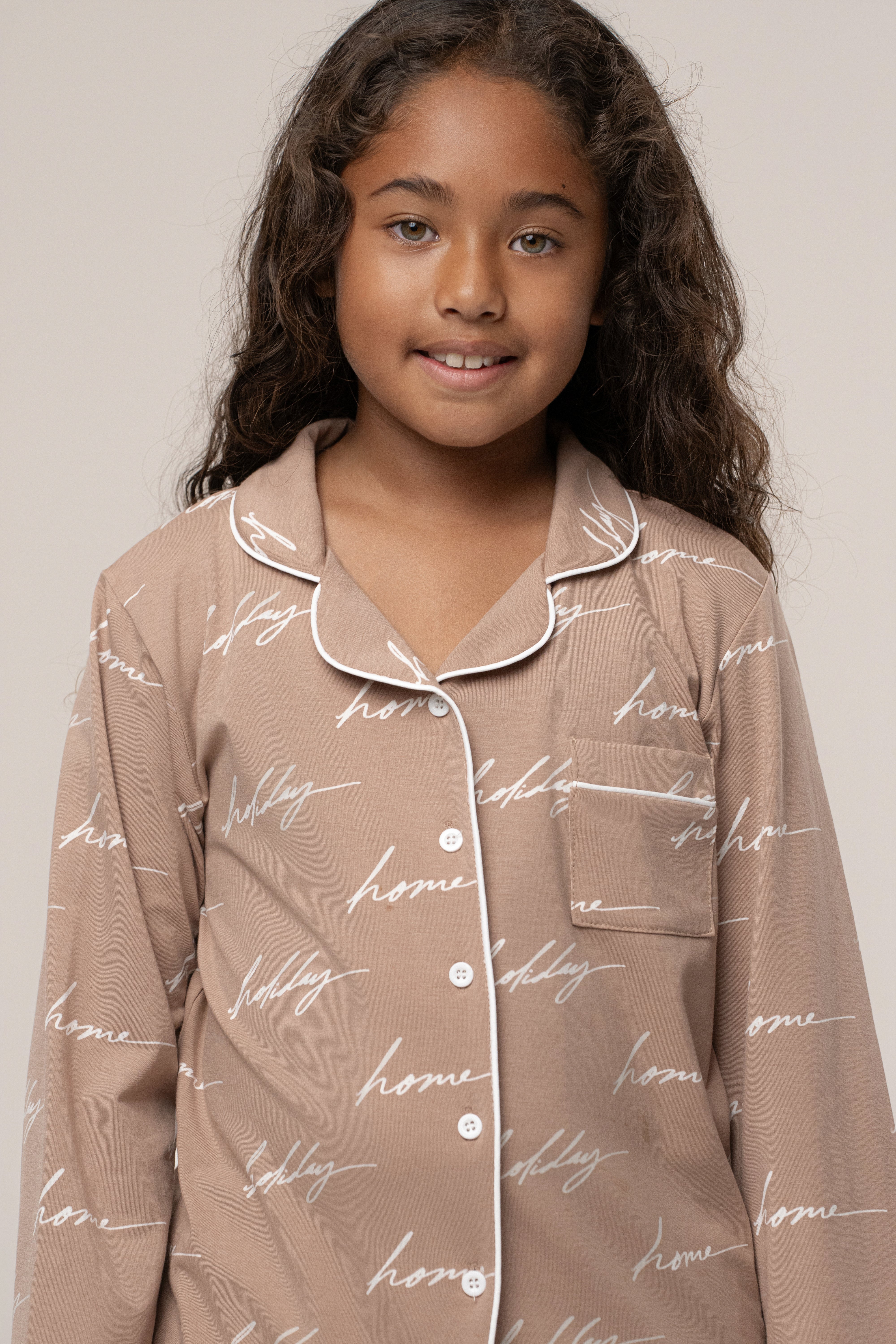 Beige Home For The Holidays Kids Pajama Set - JLUXLABEL