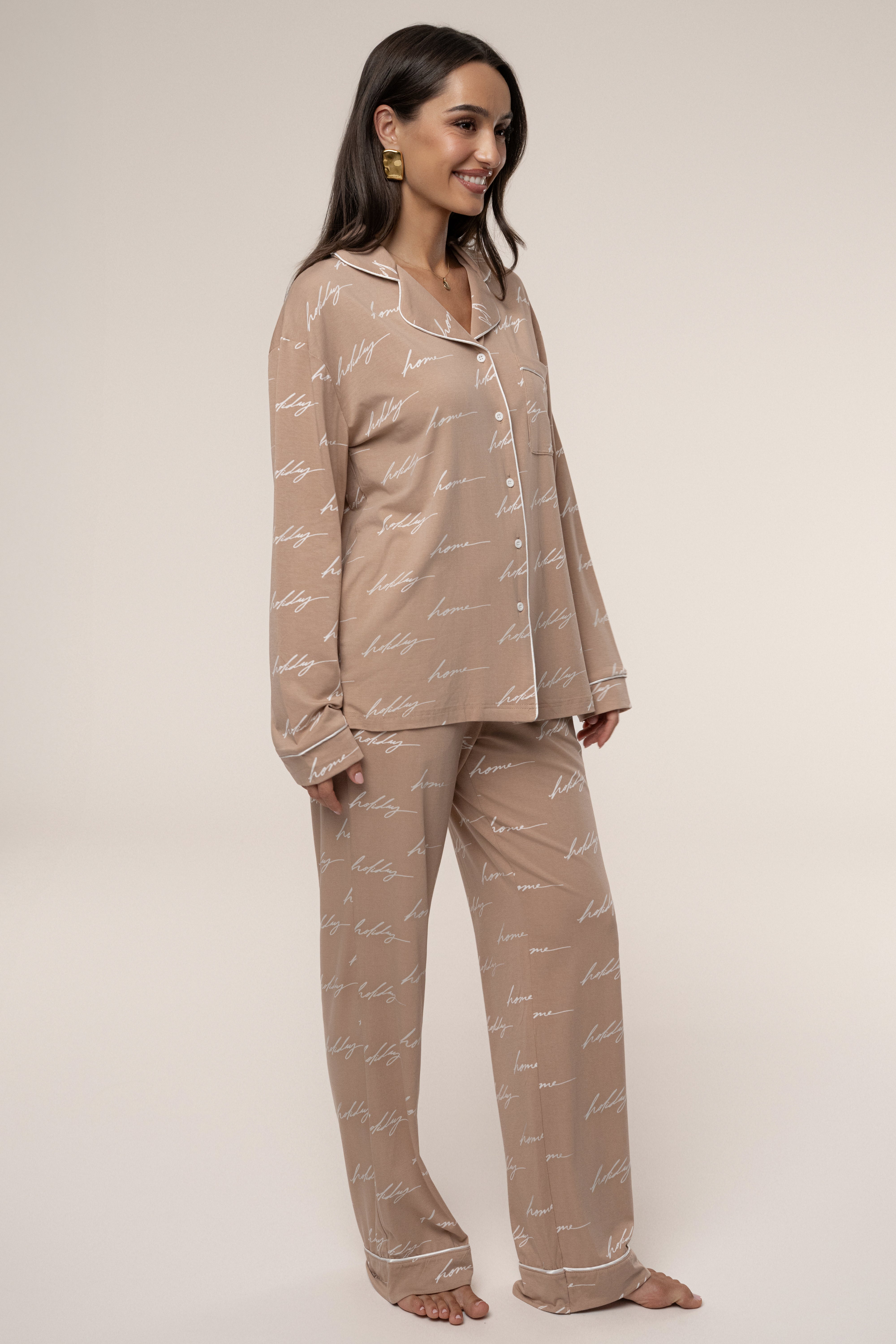 Beige Home For The Holidays Adult Pajama Set - JLUXLABEL