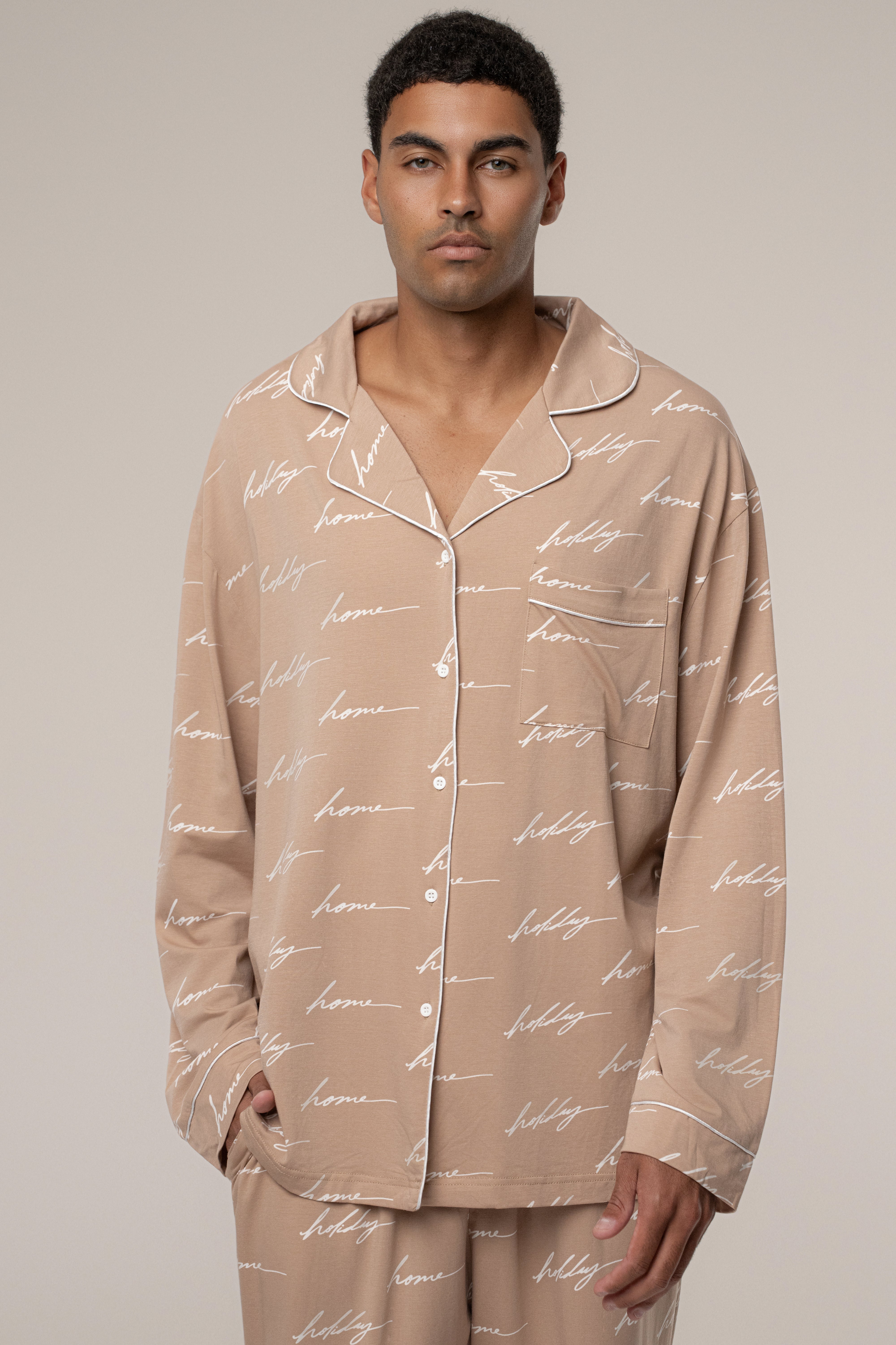 Beige Home For The Holidays Adult Pajama Set - JLUXLABEL