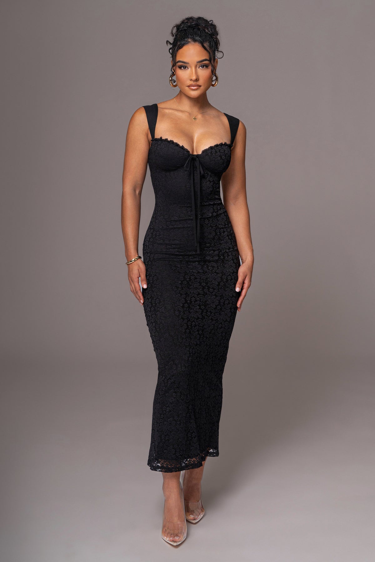 Black Sweet Affection Lace Maxi Dress by JLUXLABEL featuring intricate lace details and a flowing silhouette.