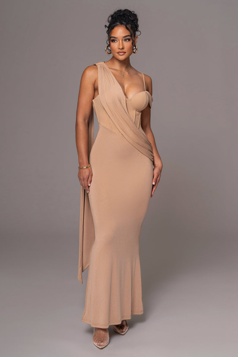 Taupe Grand Entrance Drape Dress