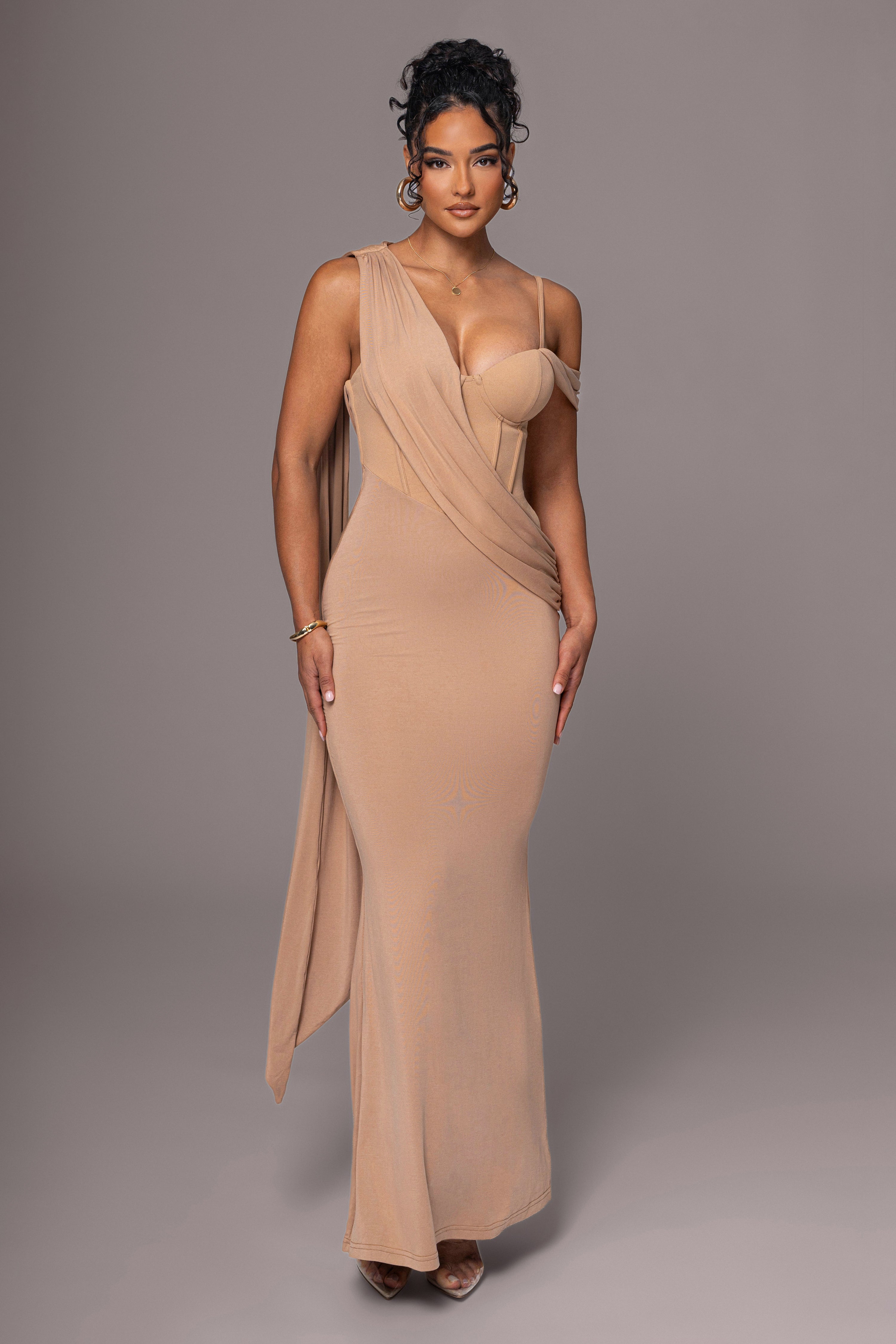 taupe dresses Taupe Grand Entrance Drape Dress