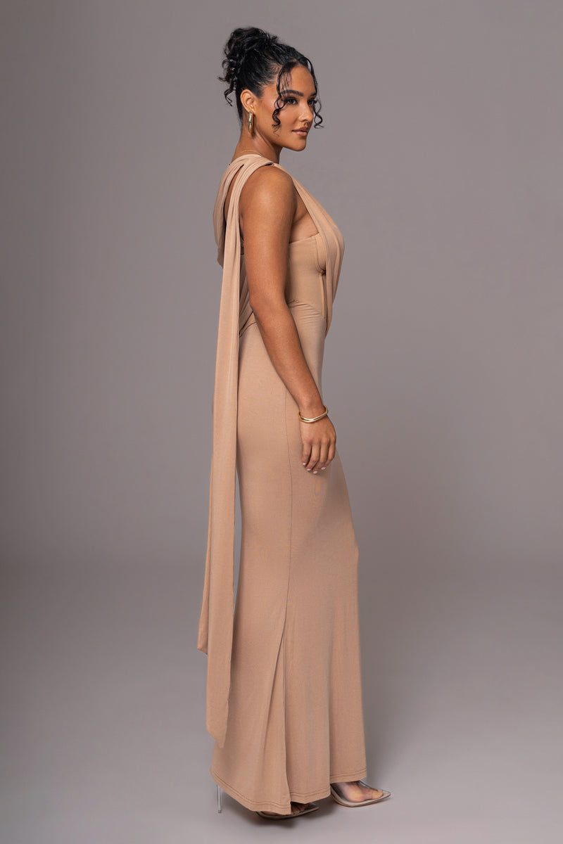 Taupe Grand Entrance Drape Dress