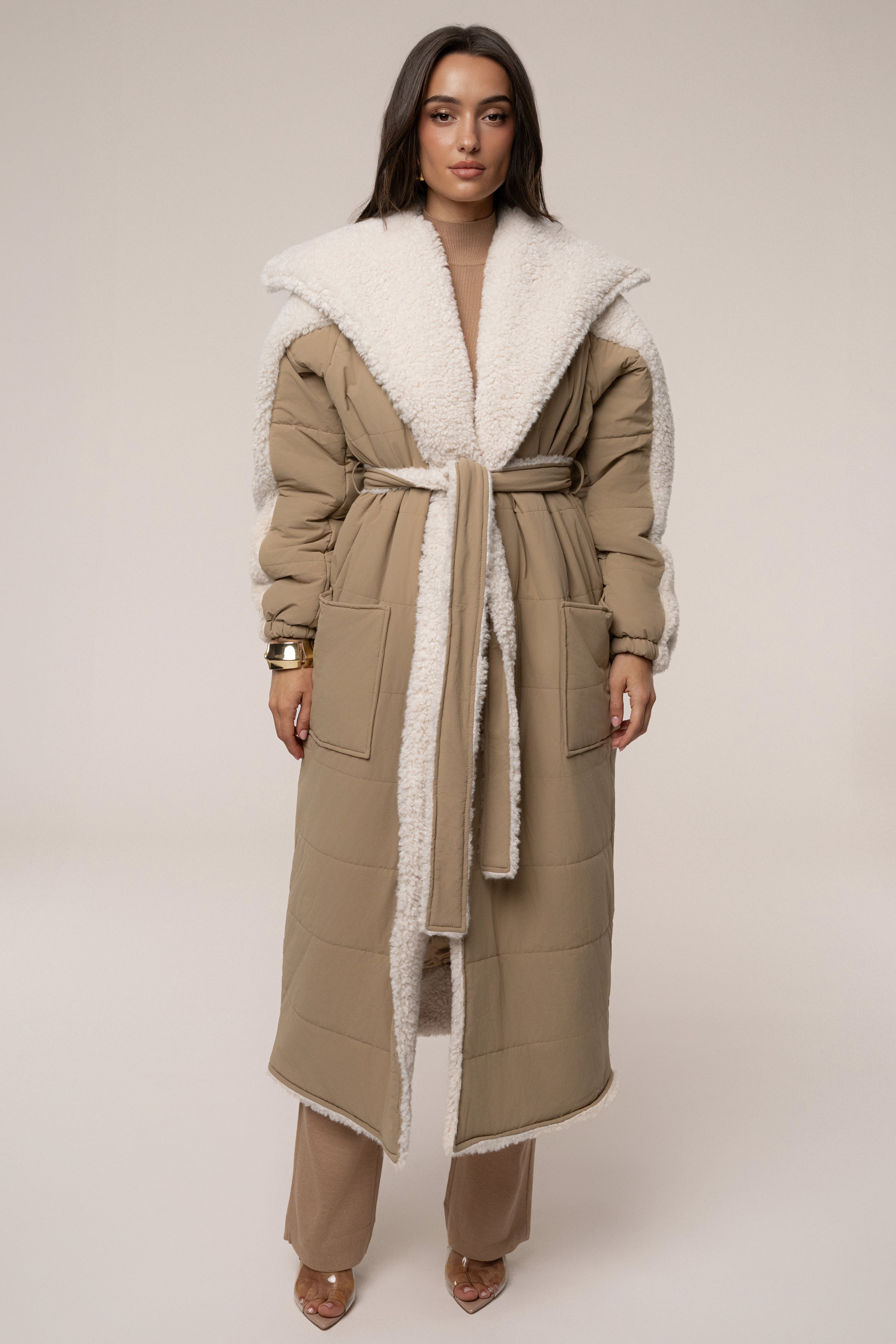 Beige/Ivory Contrast Sherpa Coat - JLUXLABEL
