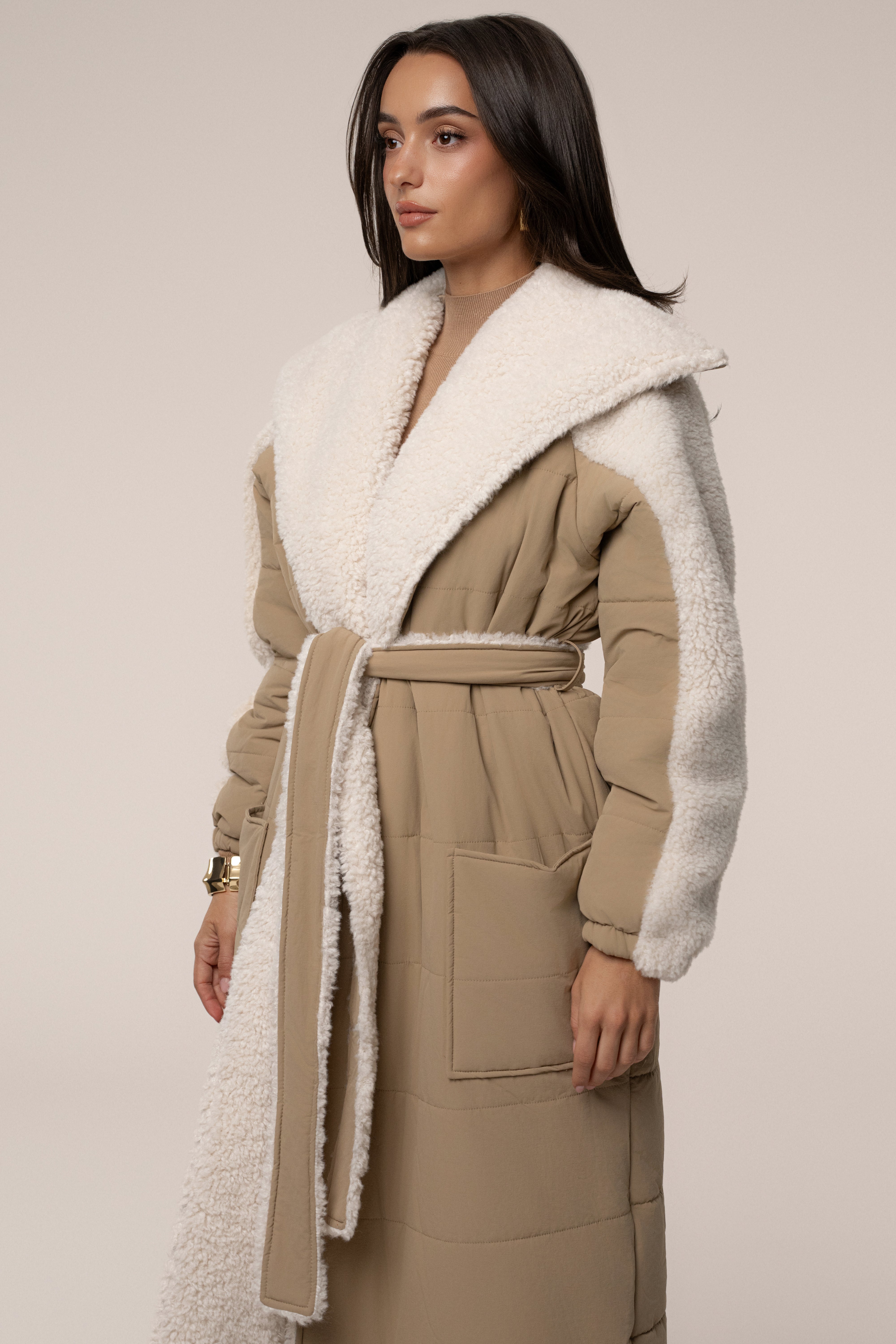 Beige/Ivory Contrast Sherpa Coat
