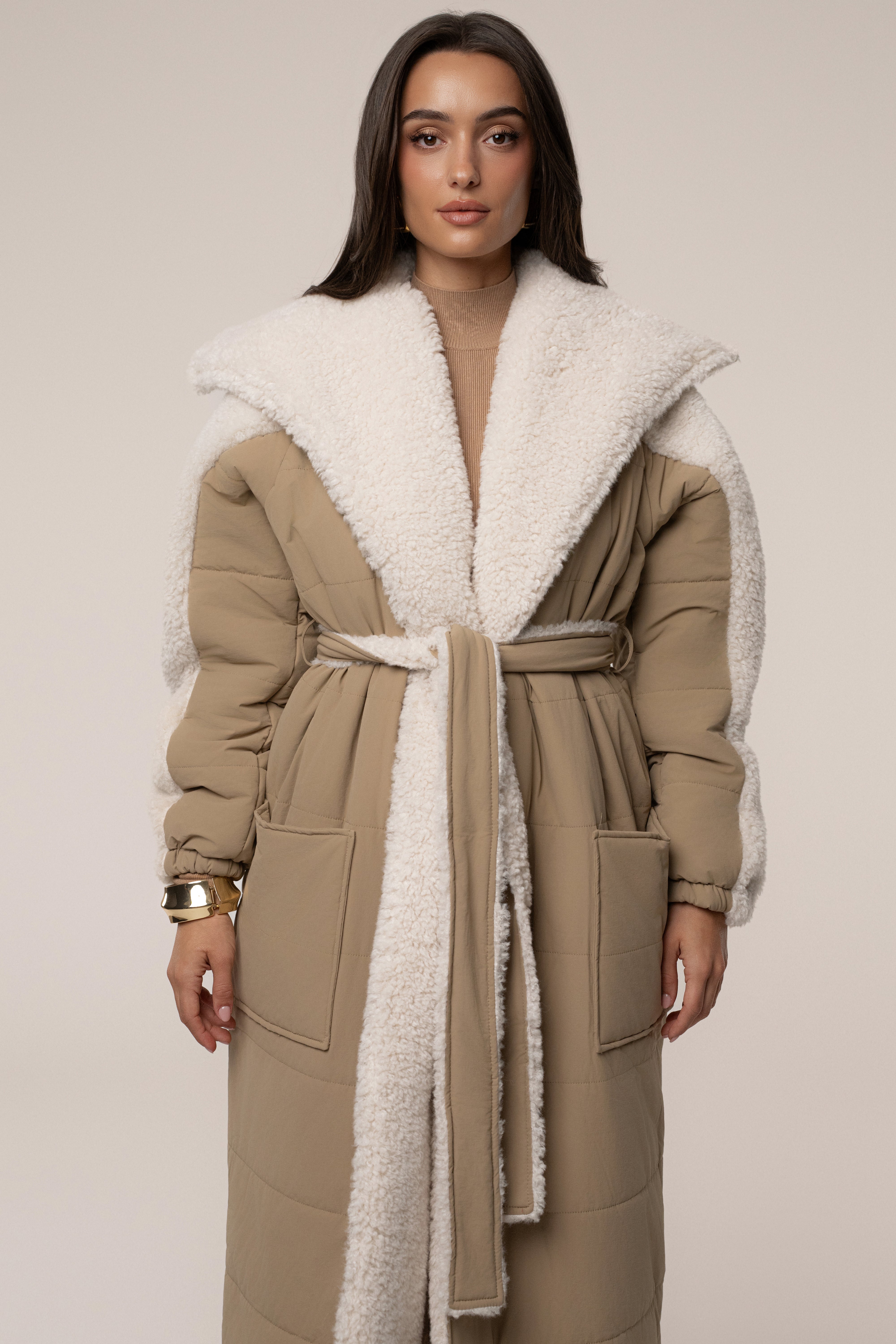 Beige/Ivory Contrast Sherpa Coat