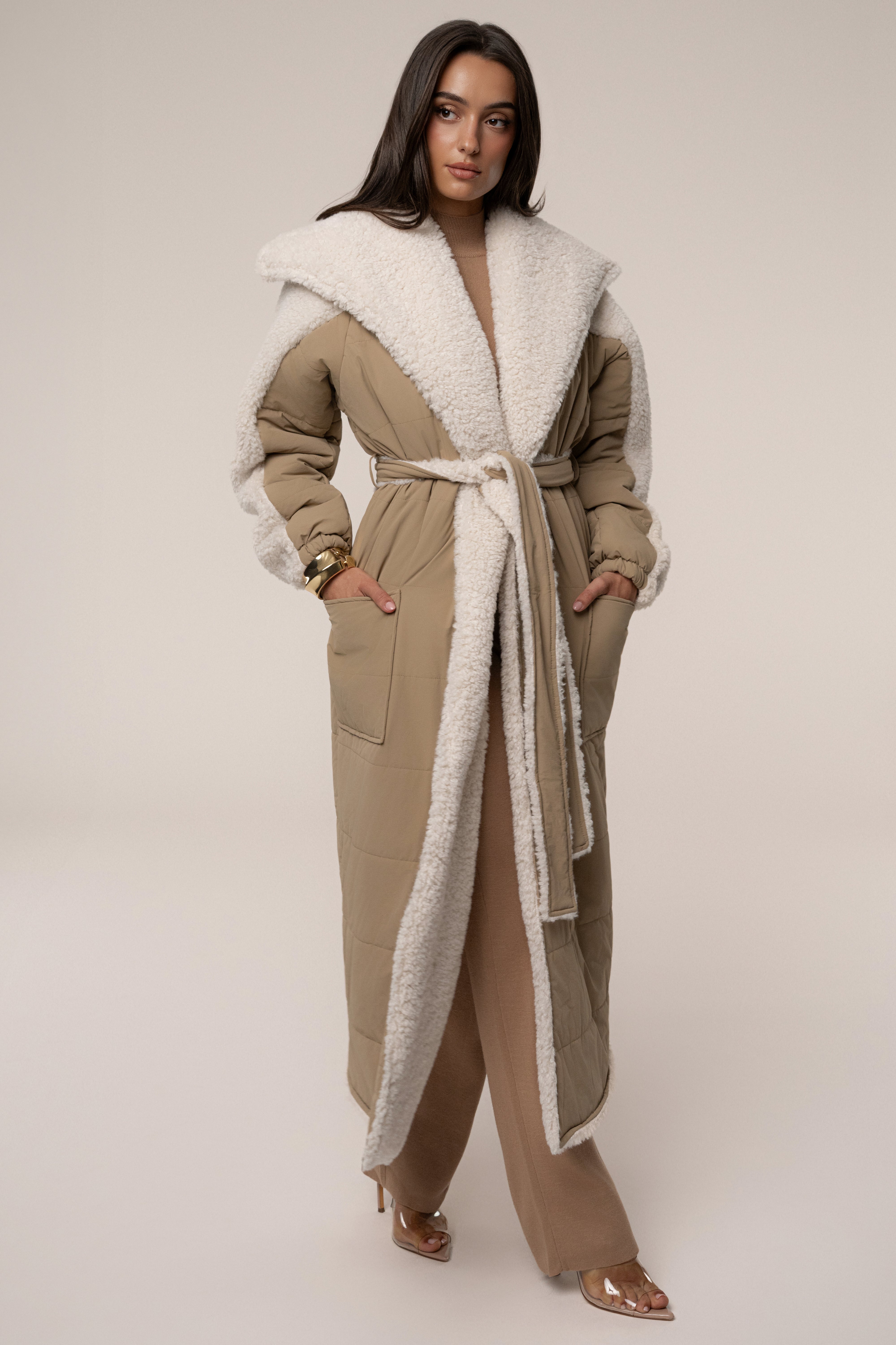 Beige/Ivory Contrast Sherpa Coat
