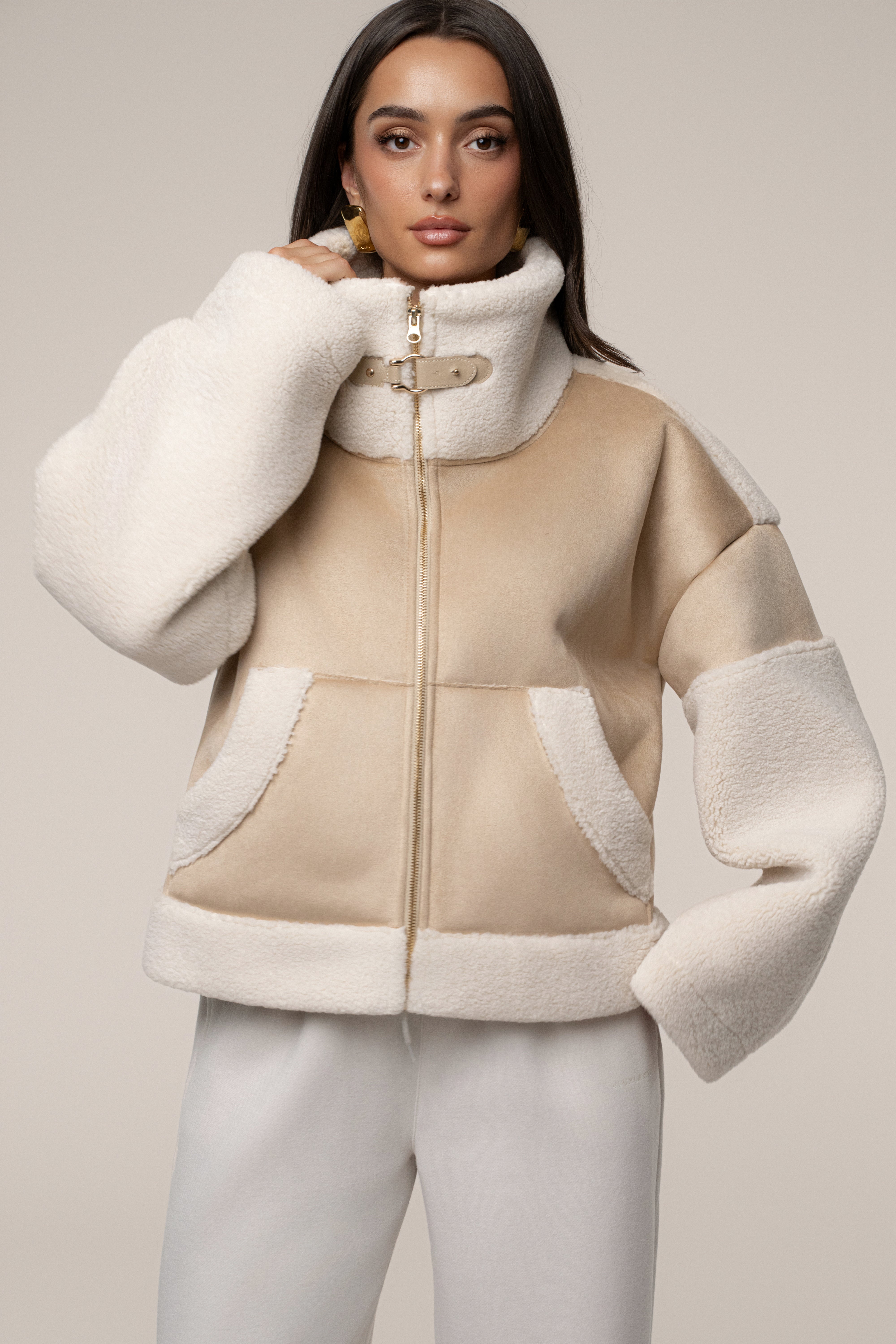 Sand Suede And Sherpa Jacket