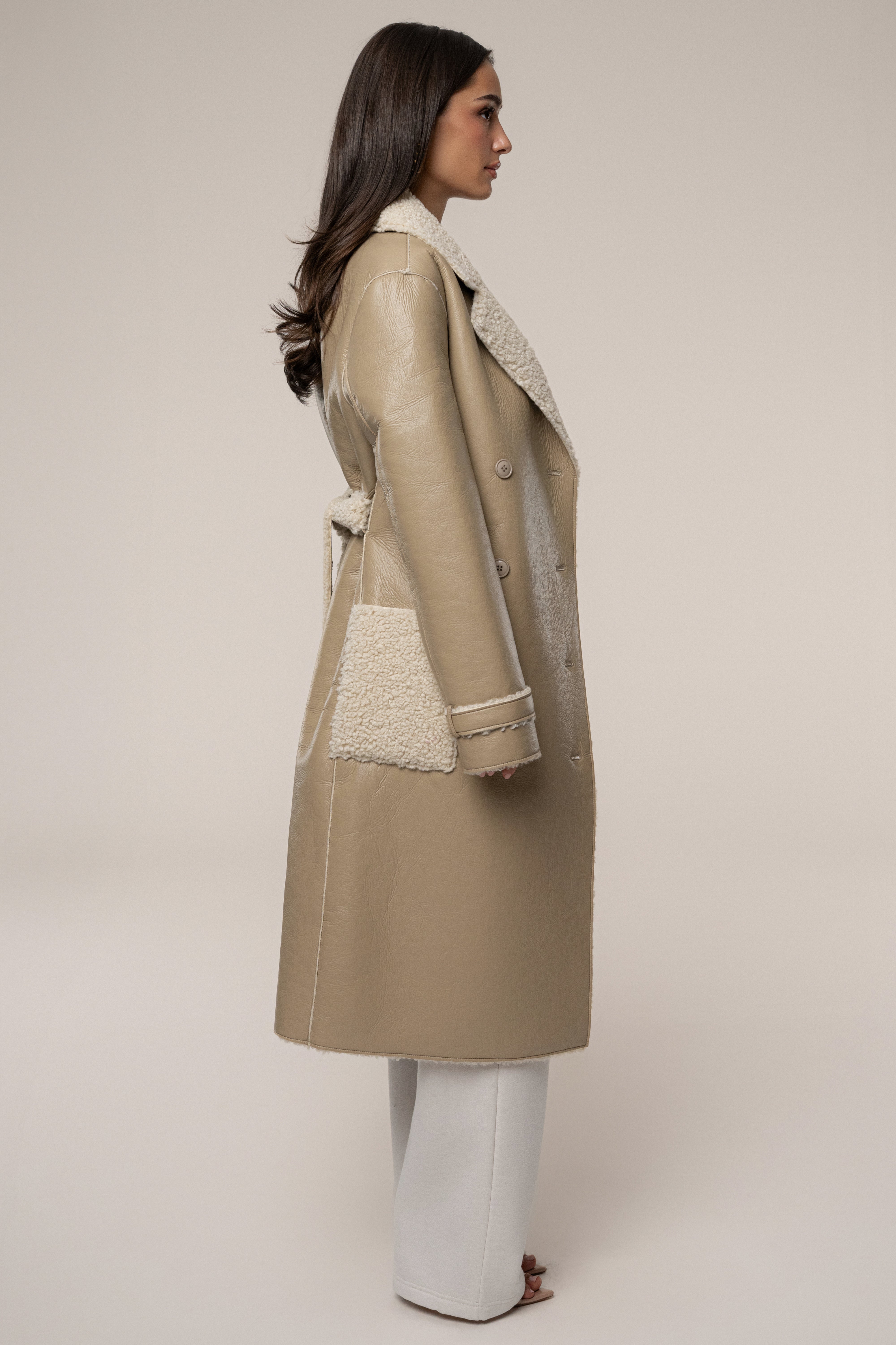Beige/Ivory Sherpa And Faux Leather Coat