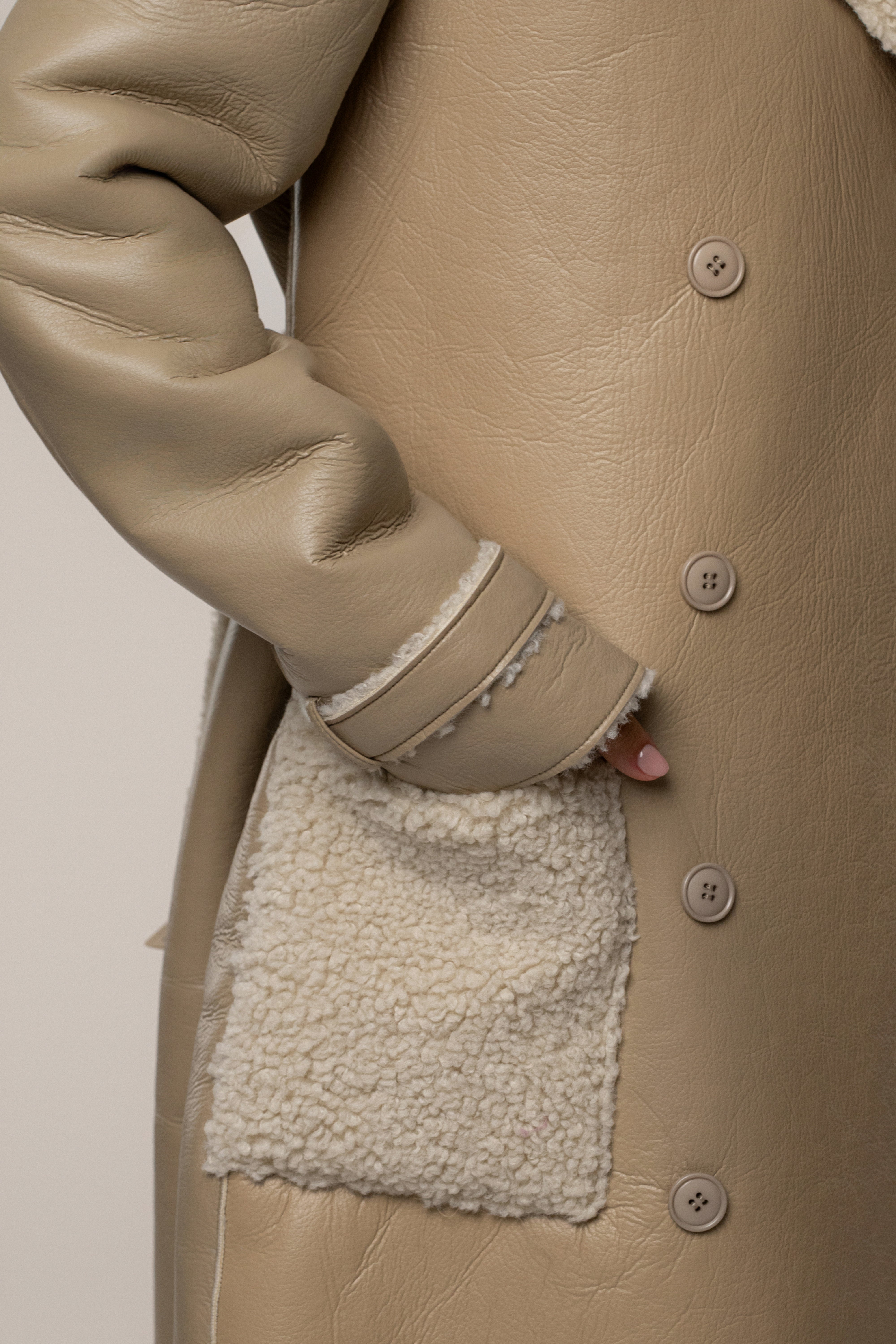 Beige/Ivory Sherpa And Faux Leather Coat