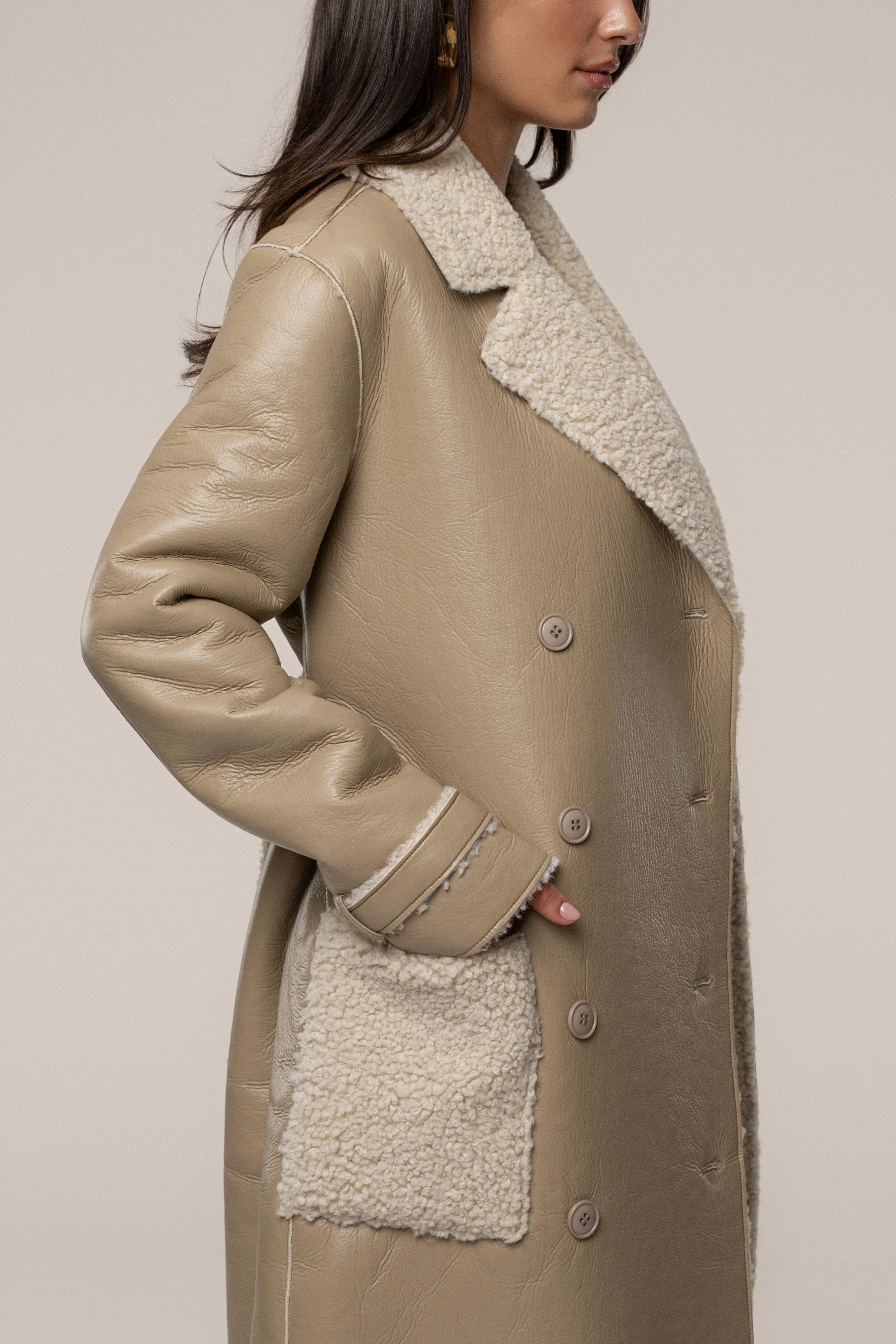 Beige/Ivory Sherpa And Faux Leather Coat