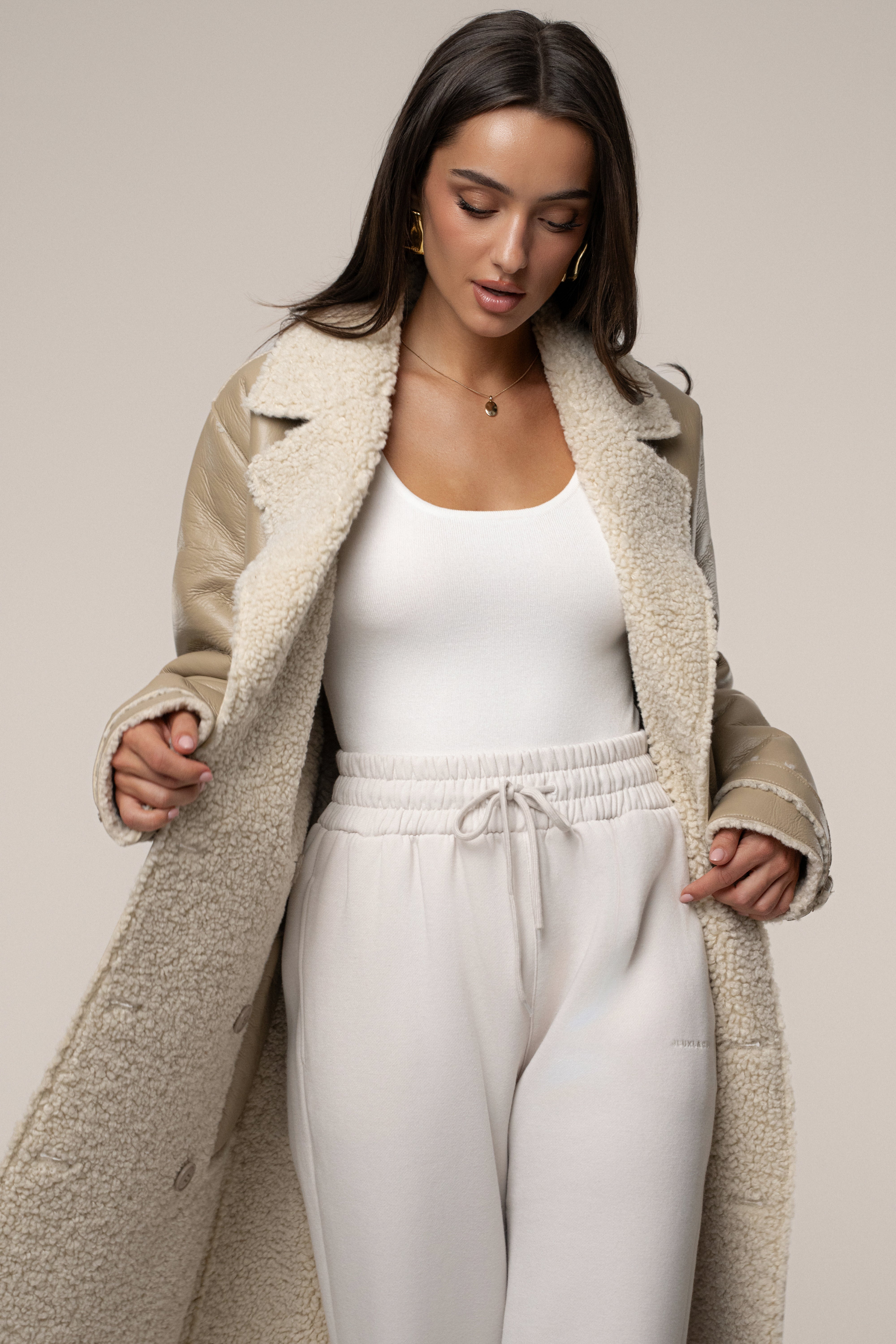 Beige/Ivory Sherpa And Faux Leather Coat