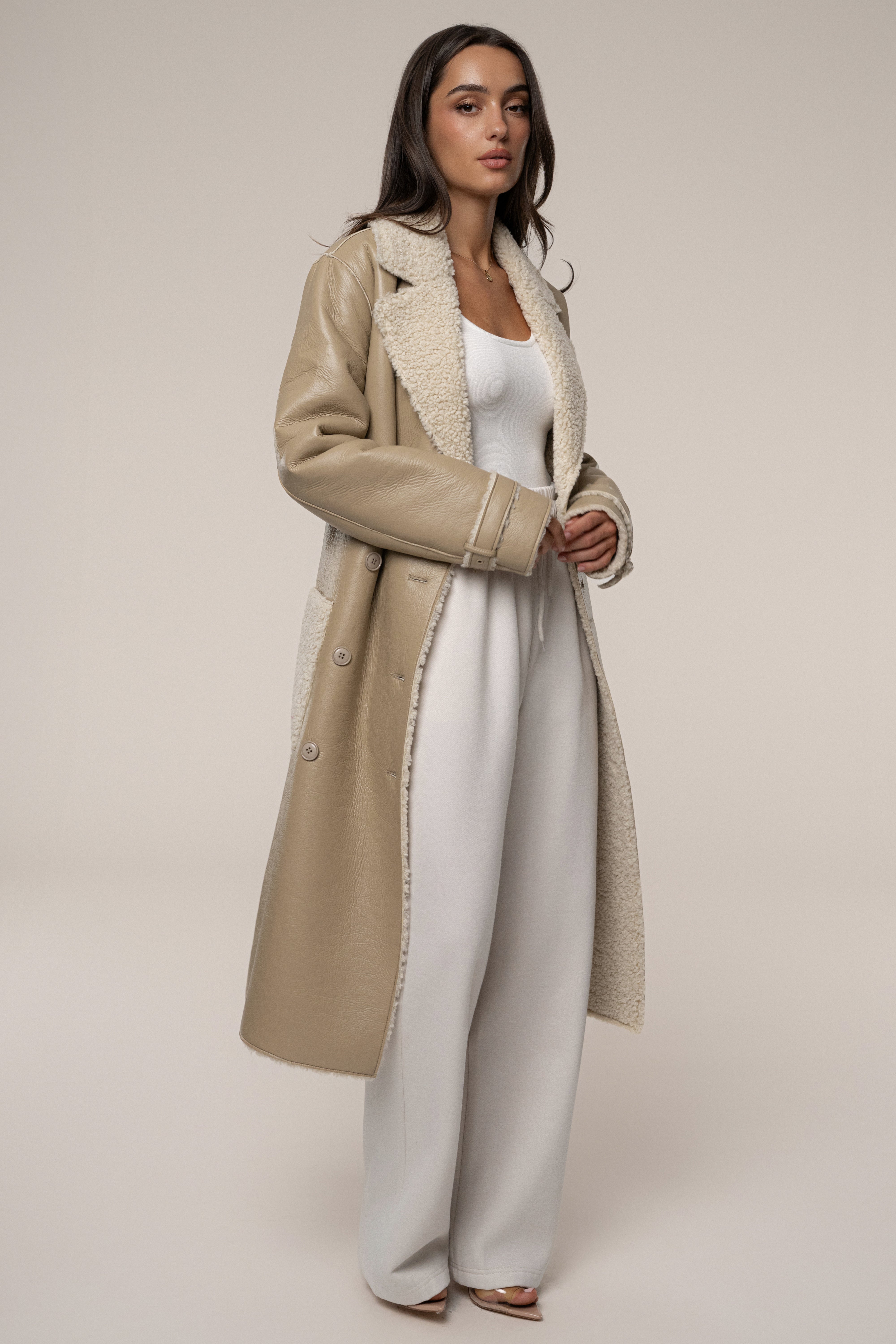 Beige/Ivory Sherpa And Faux Leather Coat