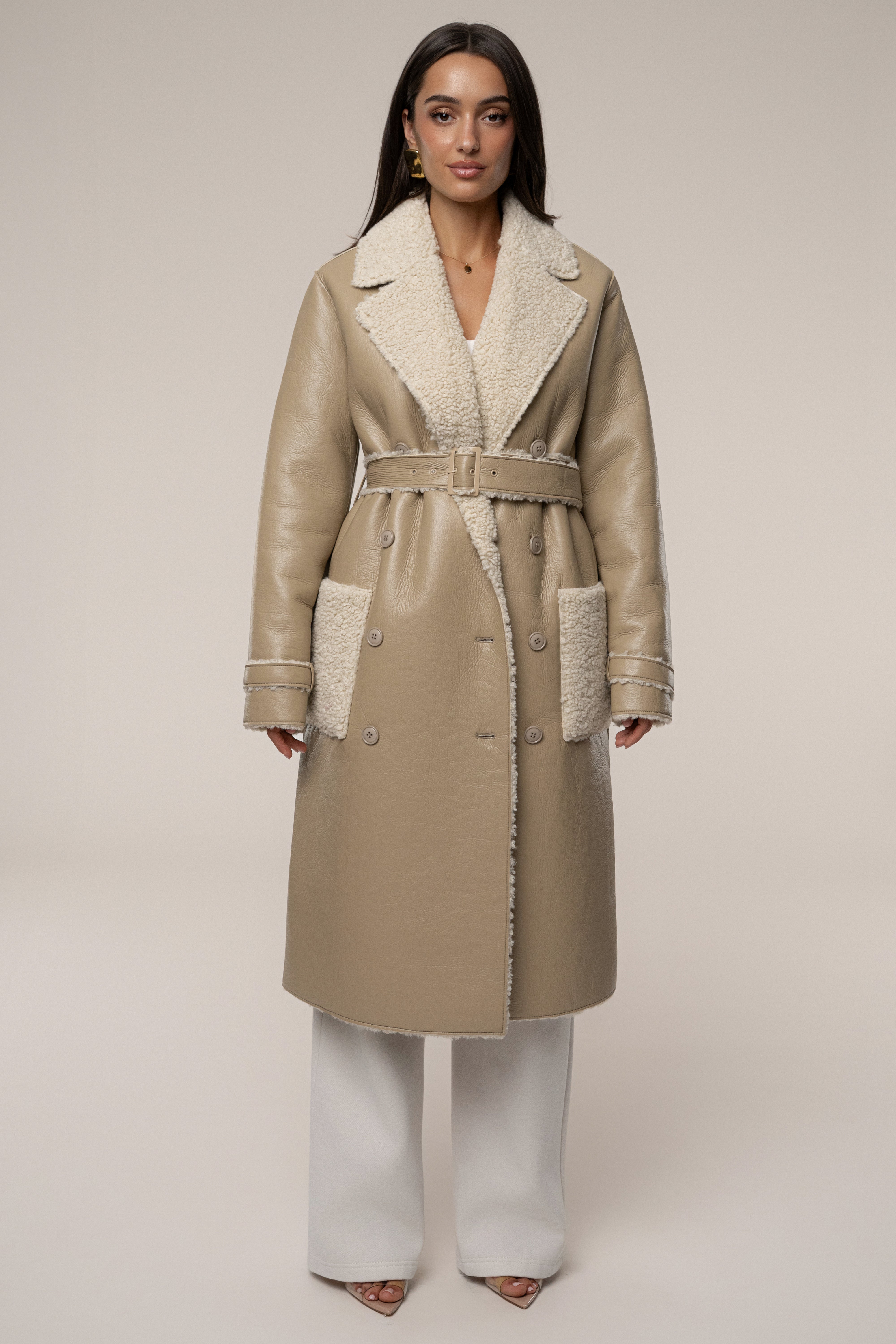 Beige/Ivory Sherpa And Faux Leather Coat