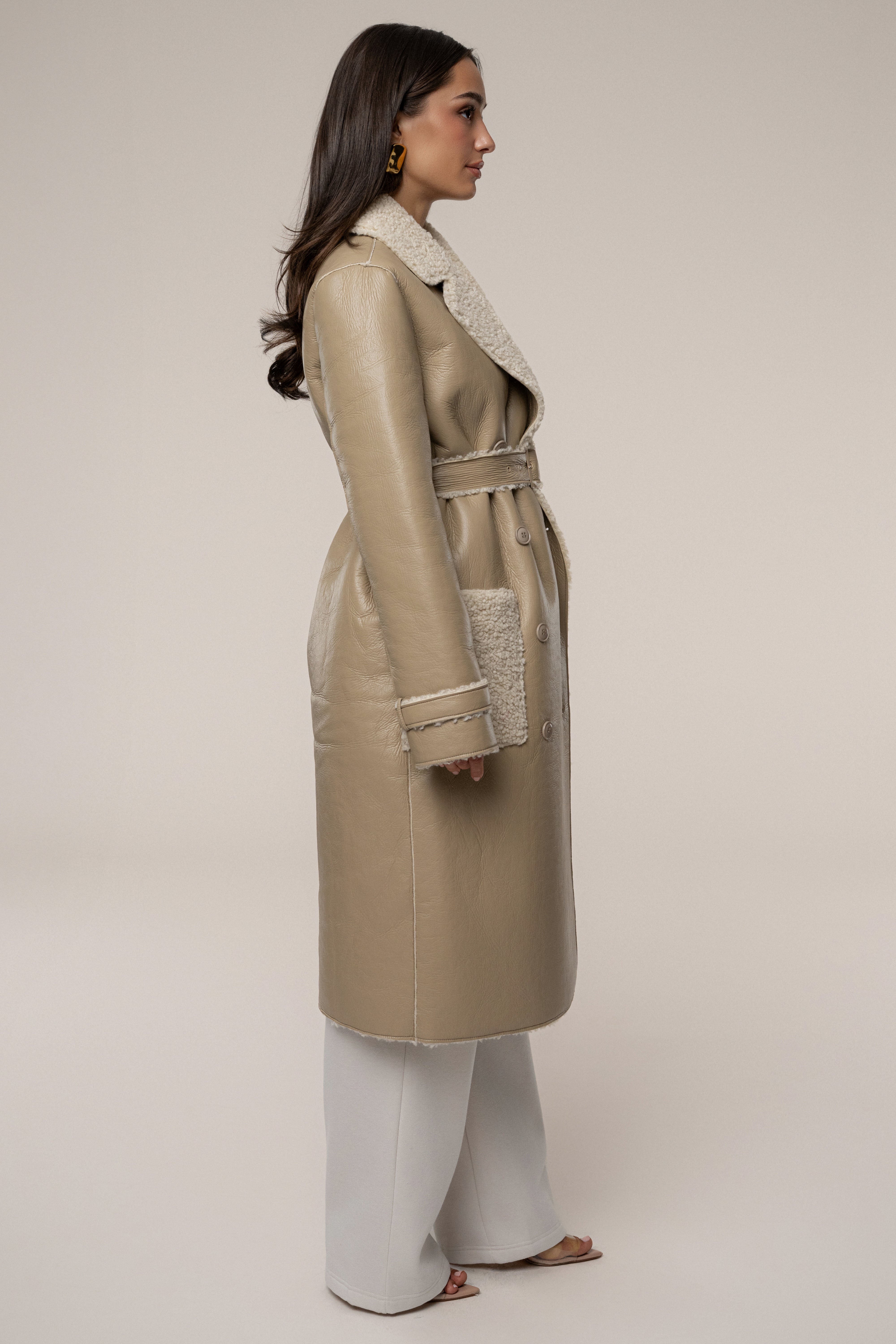 Beige/Ivory Sherpa And Faux Leather Coat