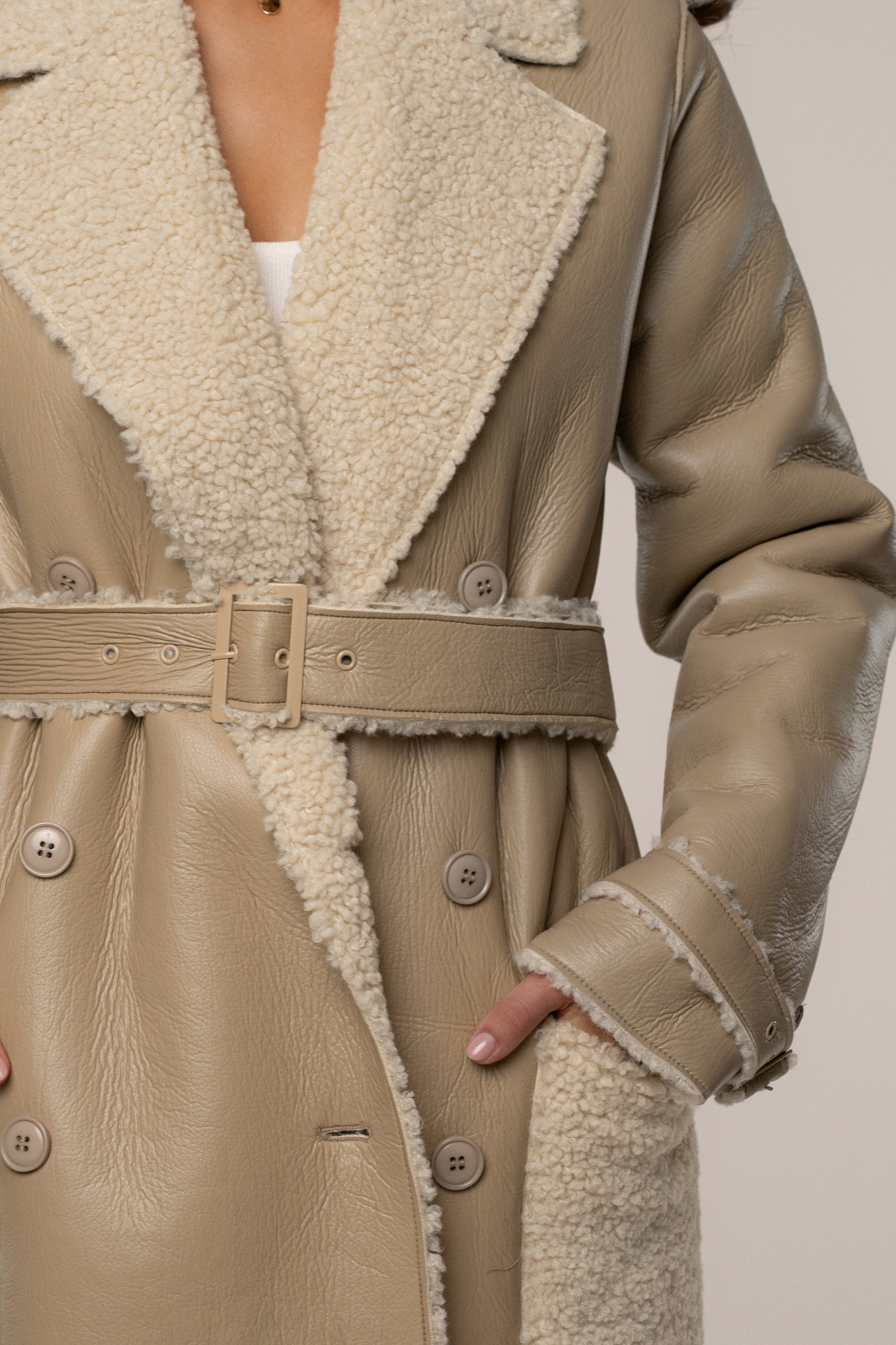 Beige/Ivory Sherpa And Faux Leather Coat