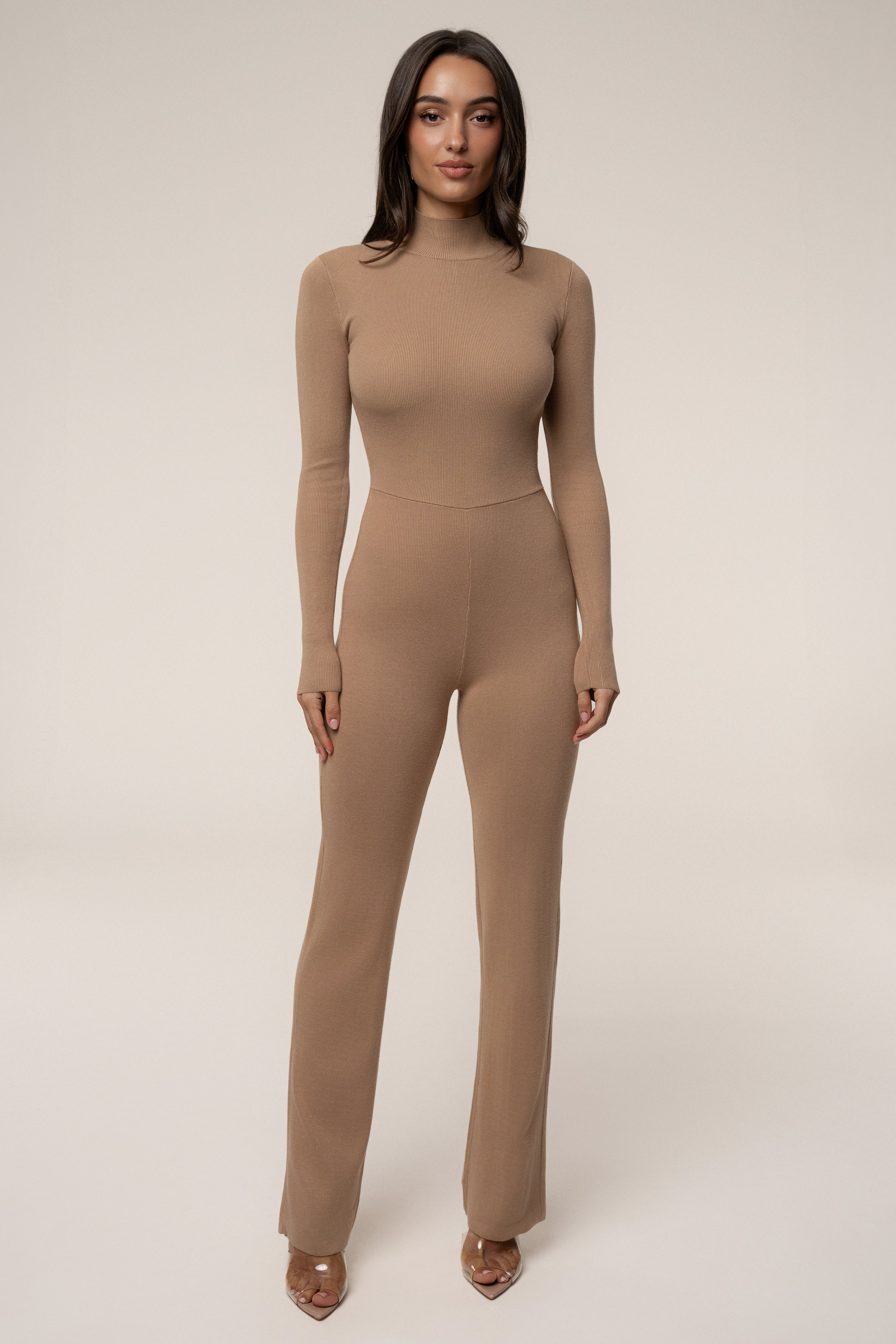 Tan Noel Sweater Knit Jumpsuit - JLUXLABEL