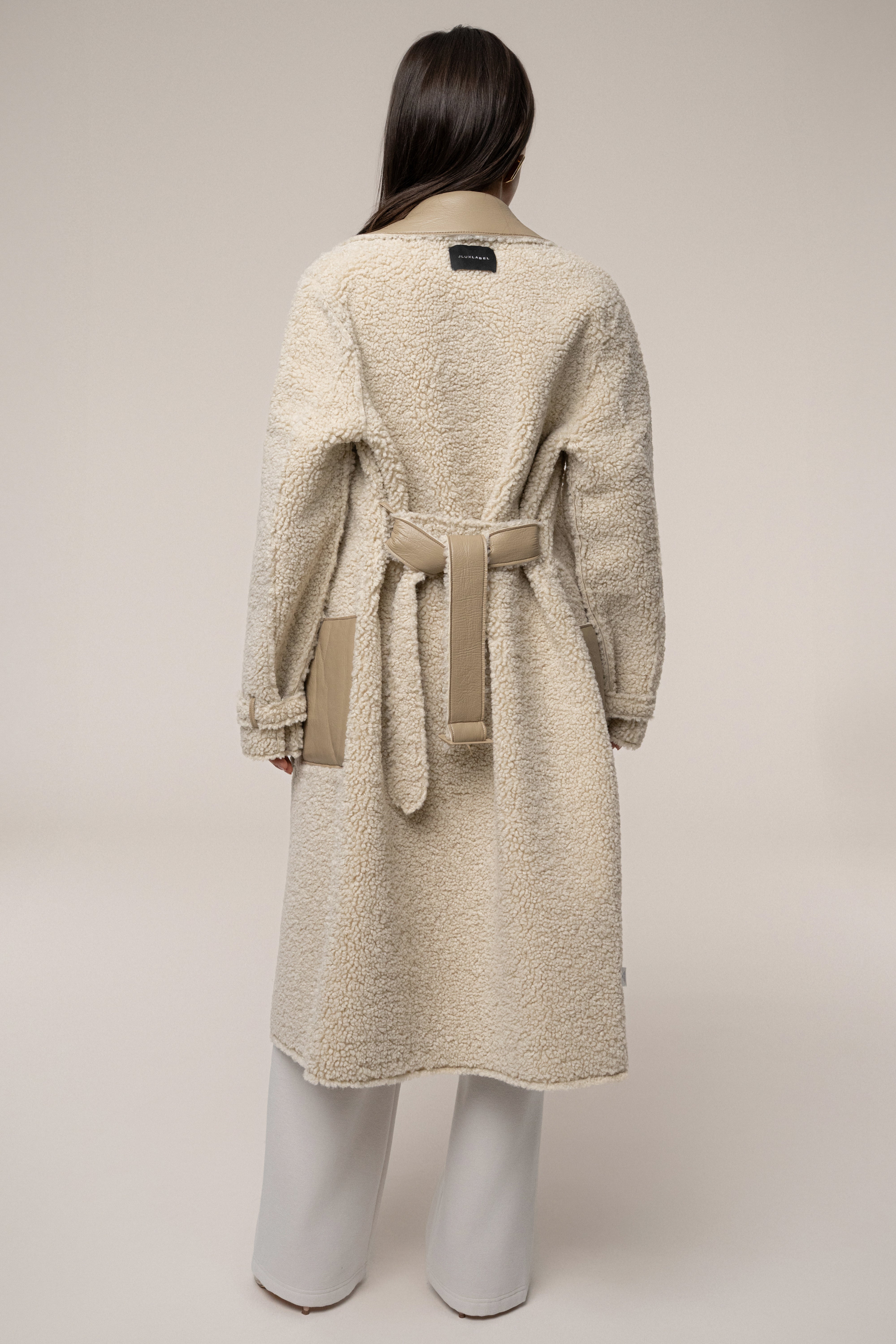Beige/Ivory Sherpa And Faux Leather Coat