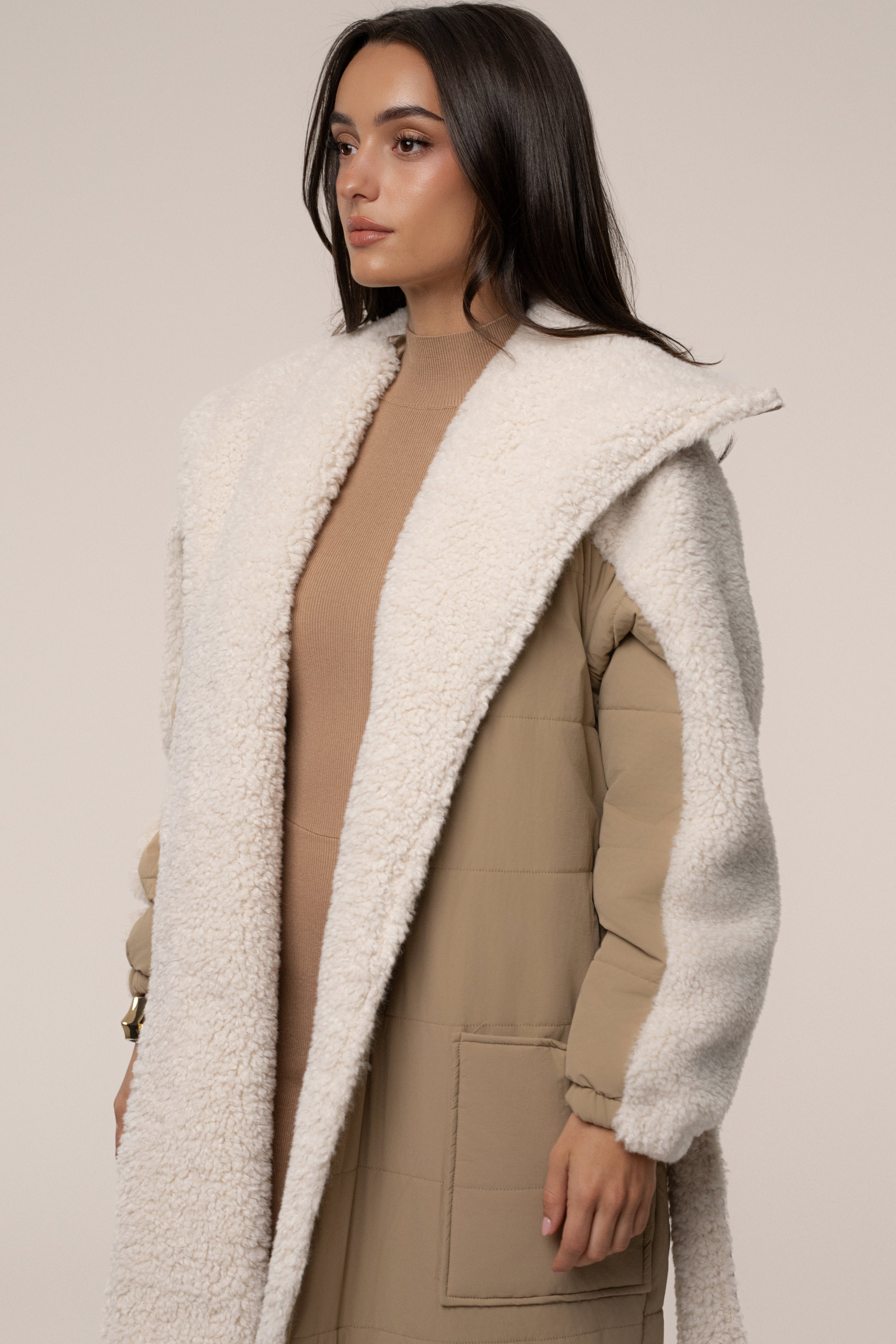 Beige/Ivory Contrast Sherpa Coat